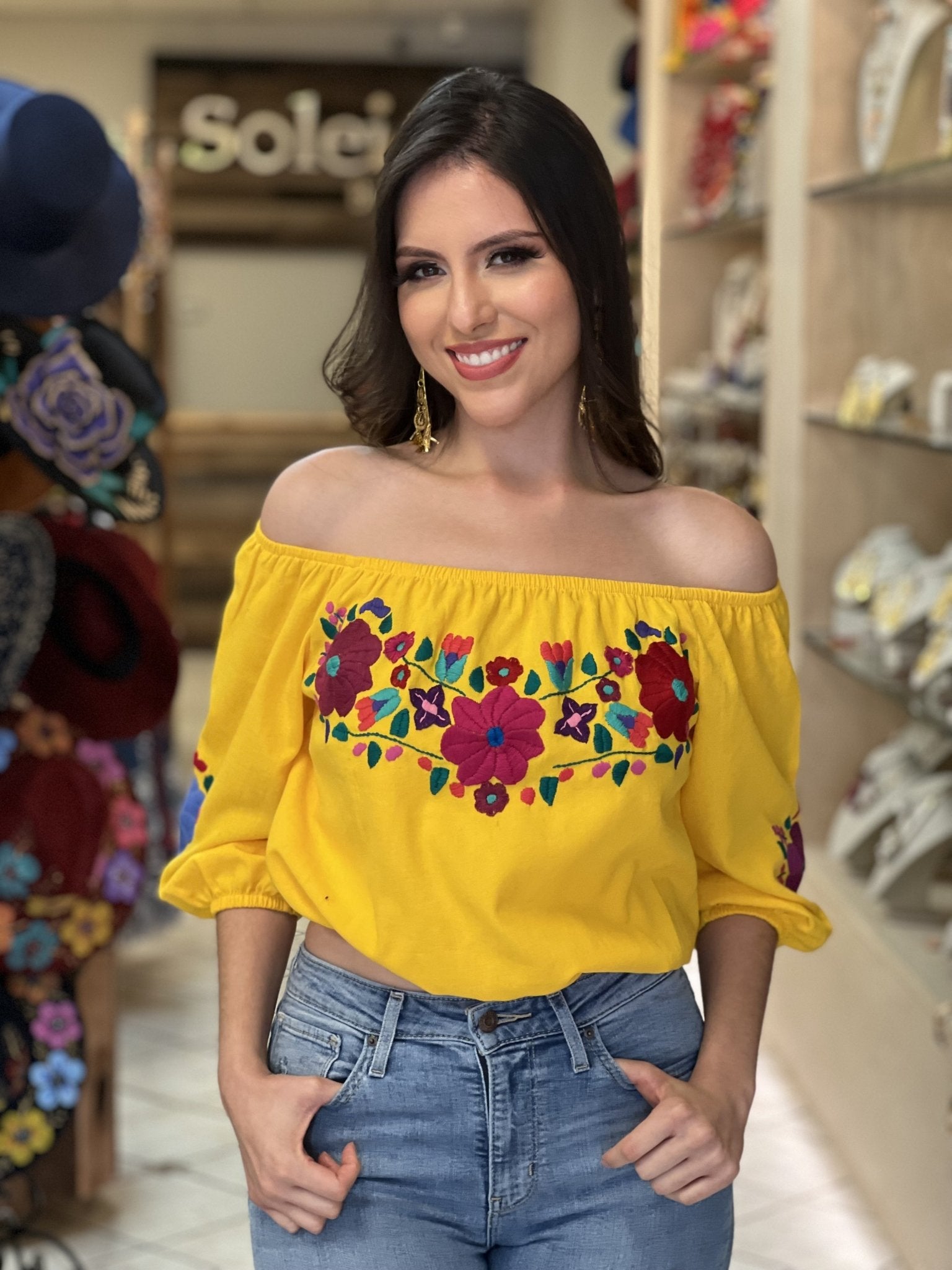 Artisanal Hand Embroidered Crop Top. Mexican 3/4 Sleeve Crop Top. Mexican Floral Top. Lorena Crop Top - Solei Store