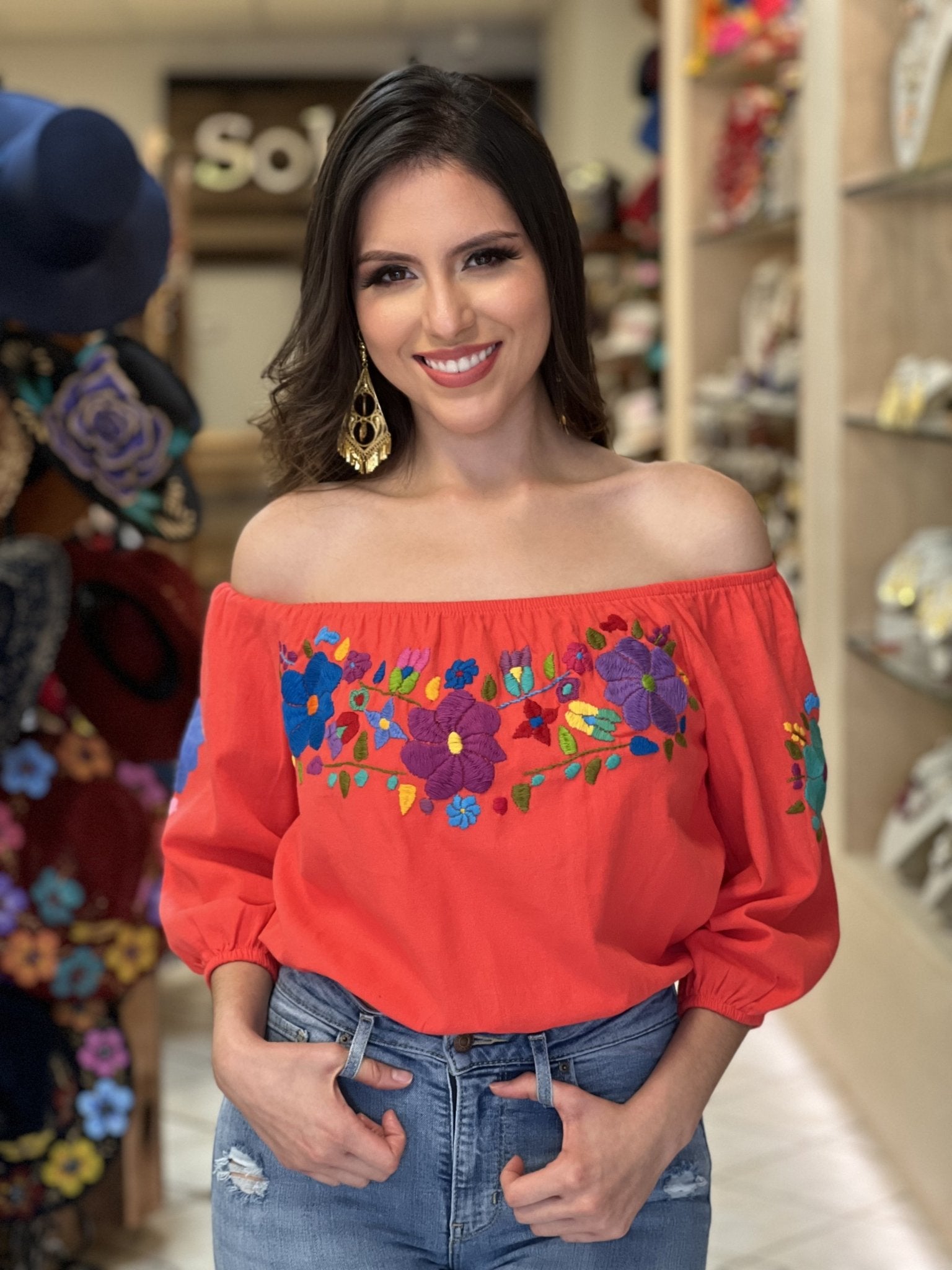 Artisanal Hand Embroidered Crop Top. Mexican 3/4 Sleeve Crop Top. Mexican Floral Top. Lorena Crop Top - Solei Store
