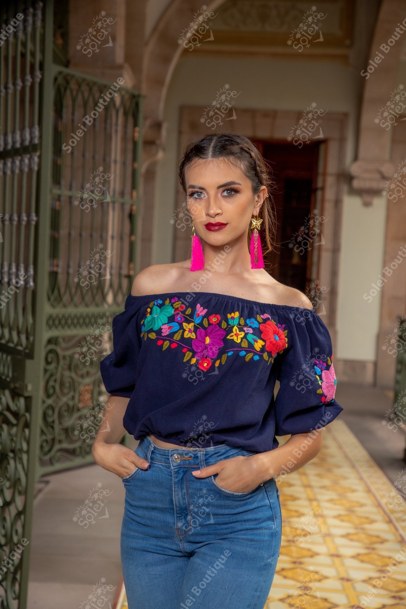 Artisanal Hand Embroidered Crop Top. Mexican 3/4 Sleeve Crop Top. Mexican Floral Top. Lorena Crop Top - Solei Store
