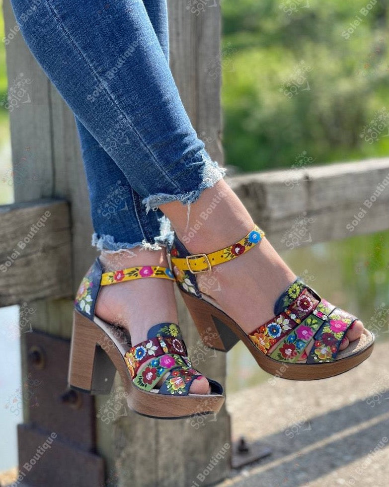Artisanal Mexican Hand Painted Leather Block Heels. Ivette Heels - Solei Store