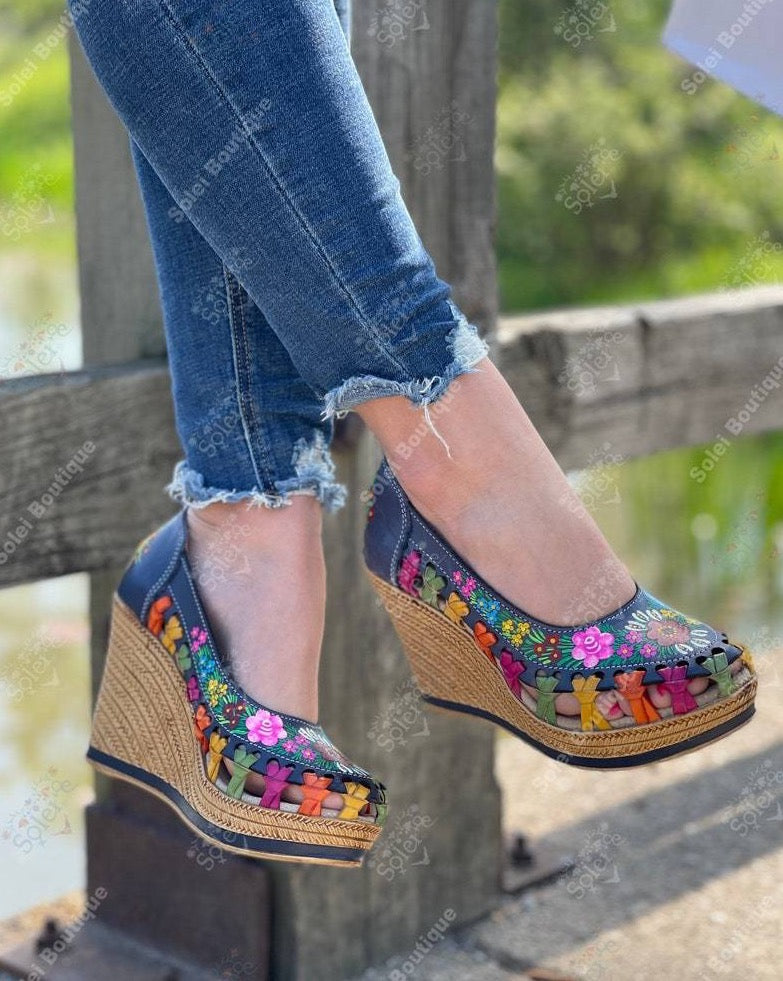 Artisanal Mexican Hand Painted Wedge Heels. Oralia Heels - Solei Store
