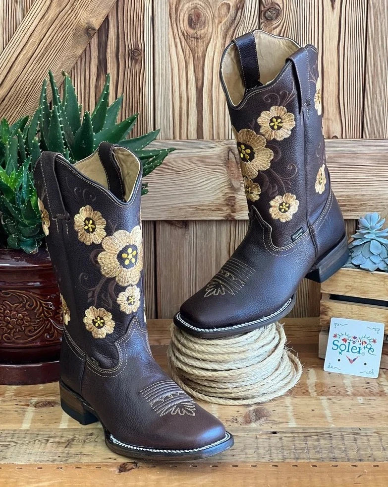 Artisanal Mexican Leather Floral Embroidered Boots. Botas Barbara - Solei Store