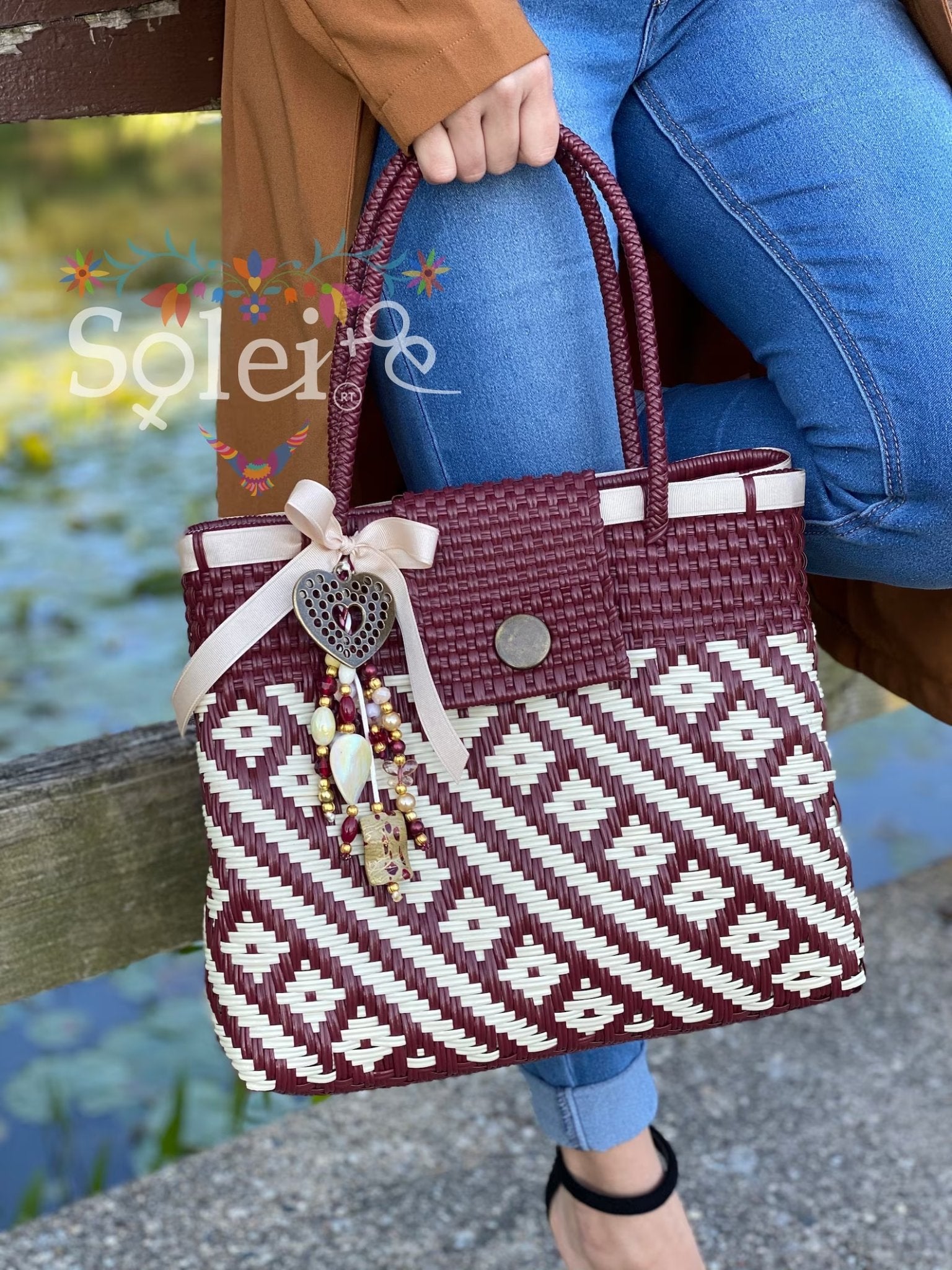 Artisanal Mexican Tote Bag with Charms. Huichol Bag - Solei Store