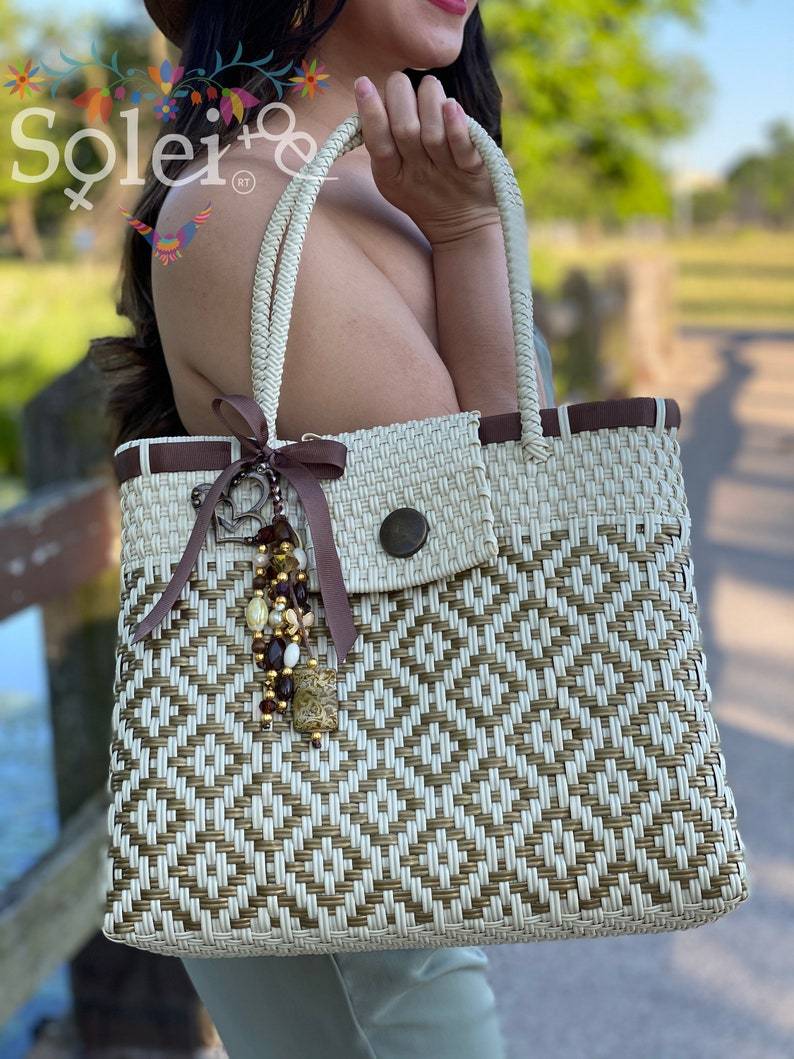 Artisanal Mexican Tote Bag with Charms. Huichol Bag - Solei Store