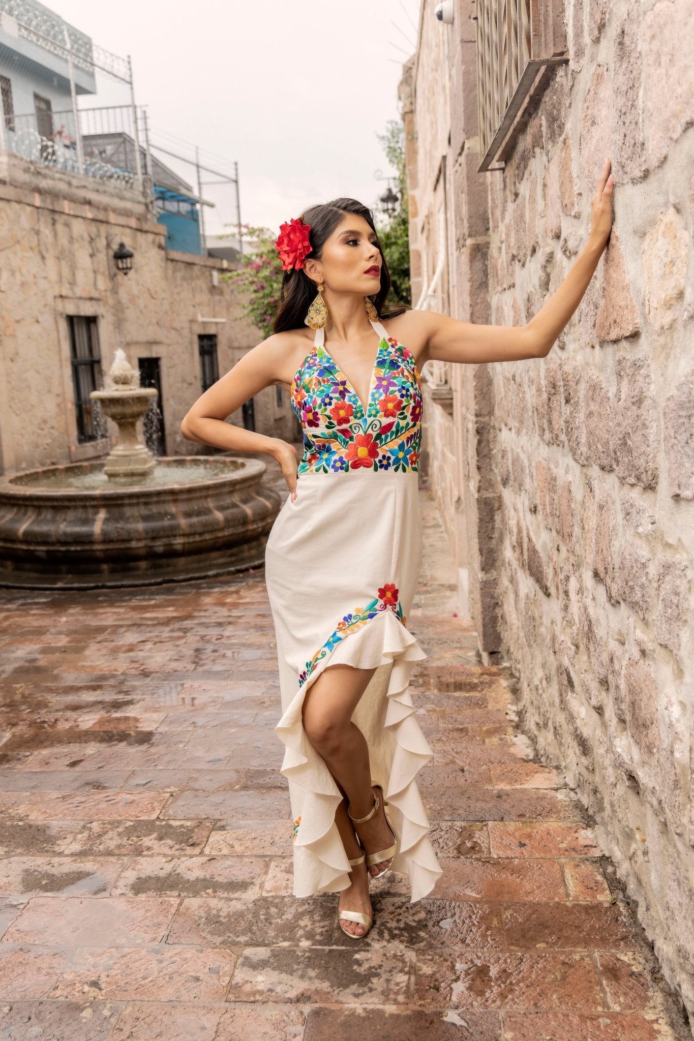 Colorful Traditional Mexican Embroidered Dress in Beige