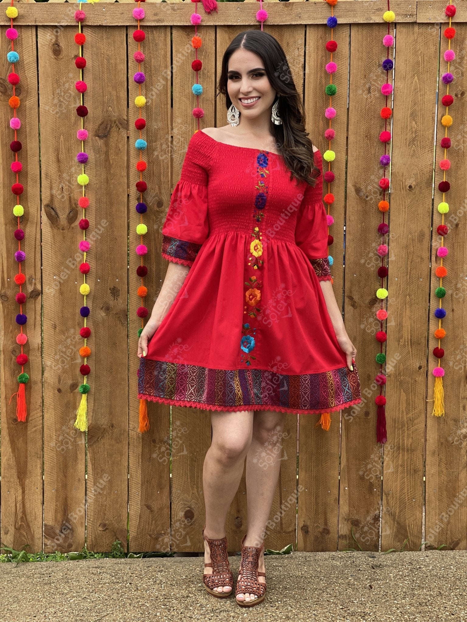 Bell Sleeve Embroidered Mexican Dress in Red
