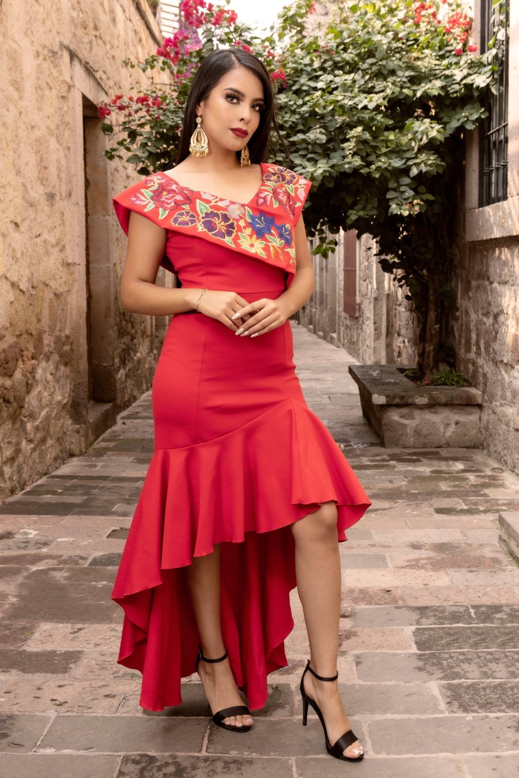 Colorful Mexican Embroidered Dress in Red
