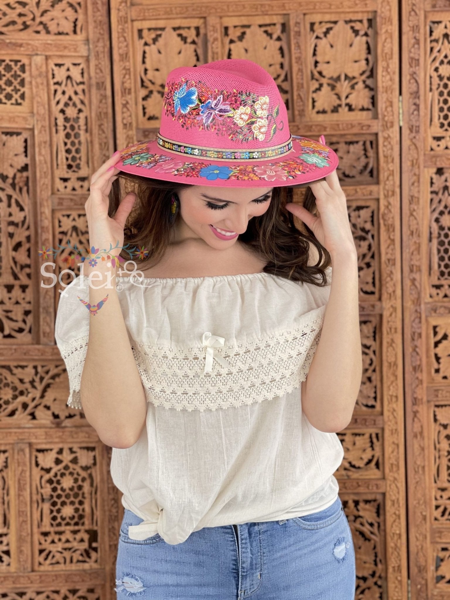 Benita Mexican Artisanal Hat. Colorful Floral Hat Hand Painted. - Solei Store