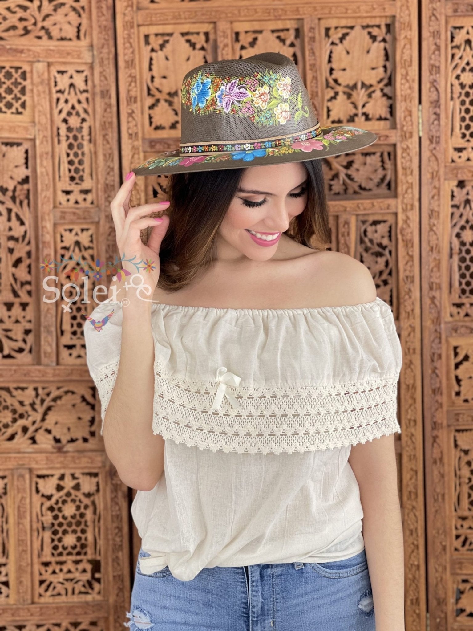 Benita Mexican Artisanal Hat. Colorful Floral Hat Hand Painted. - Solei Store