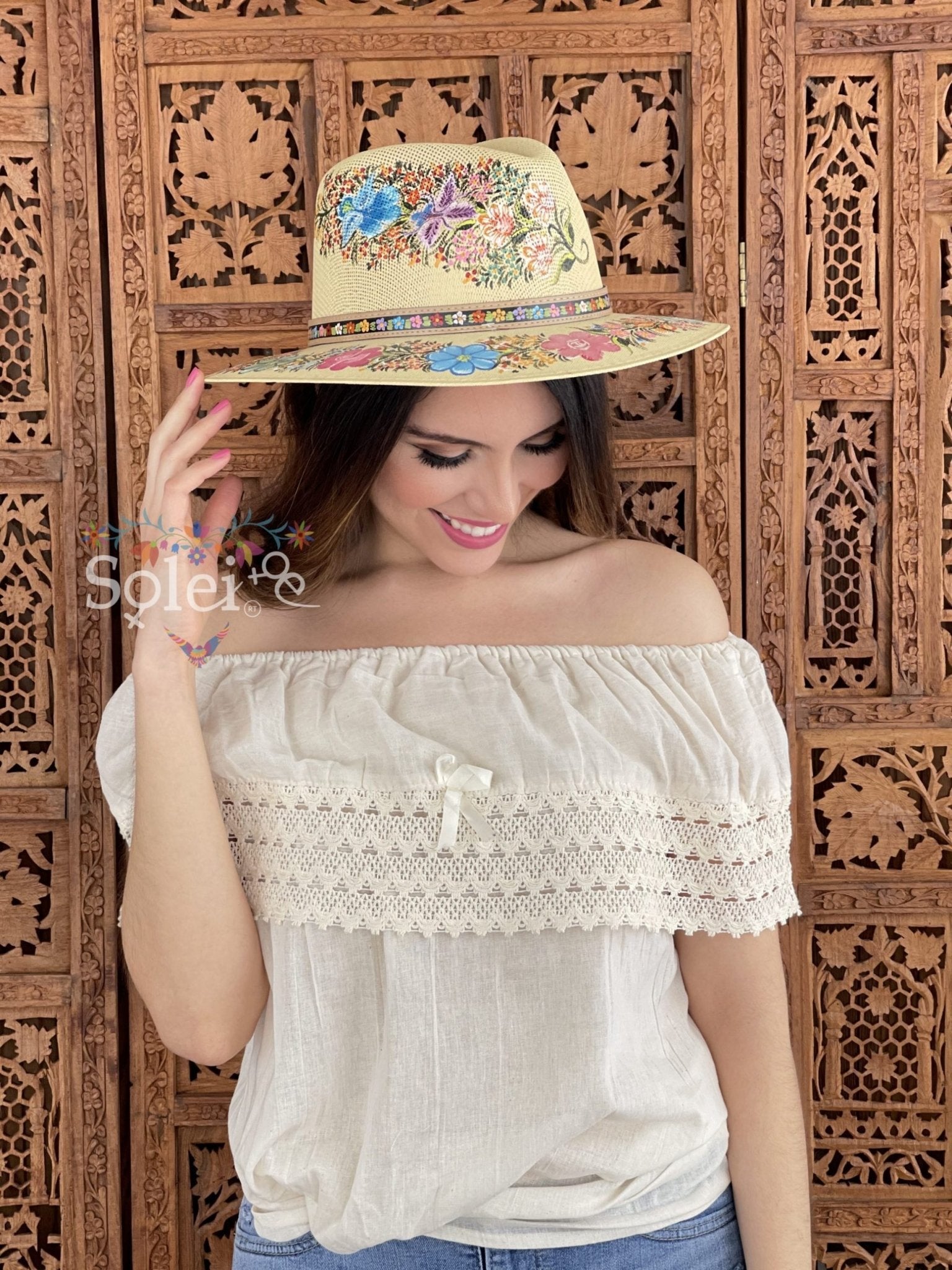Benita Mexican Artisanal Hat. Colorful Floral Hat Hand Painted. - Solei Store