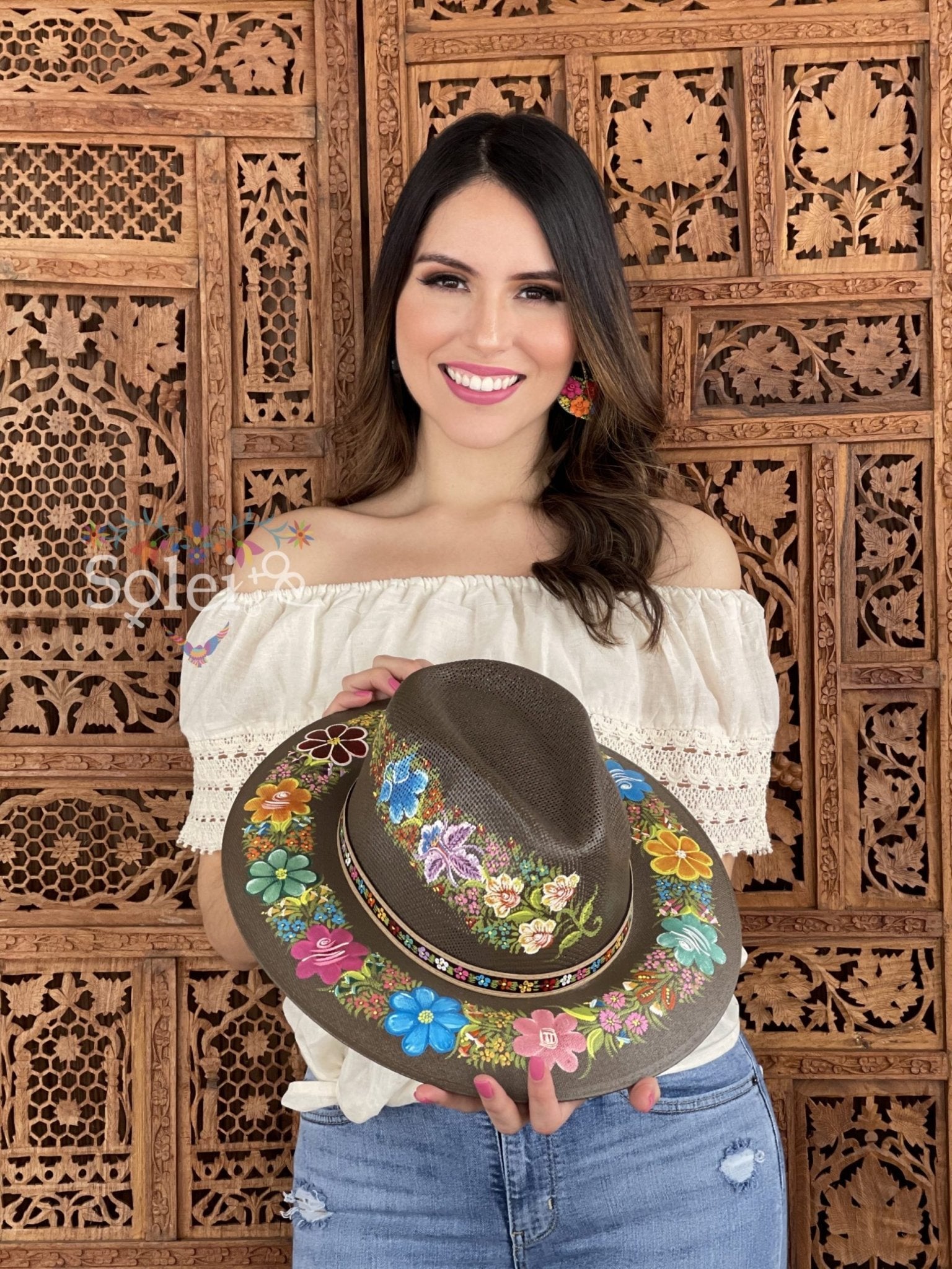 Benita Mexican Artisanal Hat. Colorful Floral Hat Hand Painted. - Solei Store