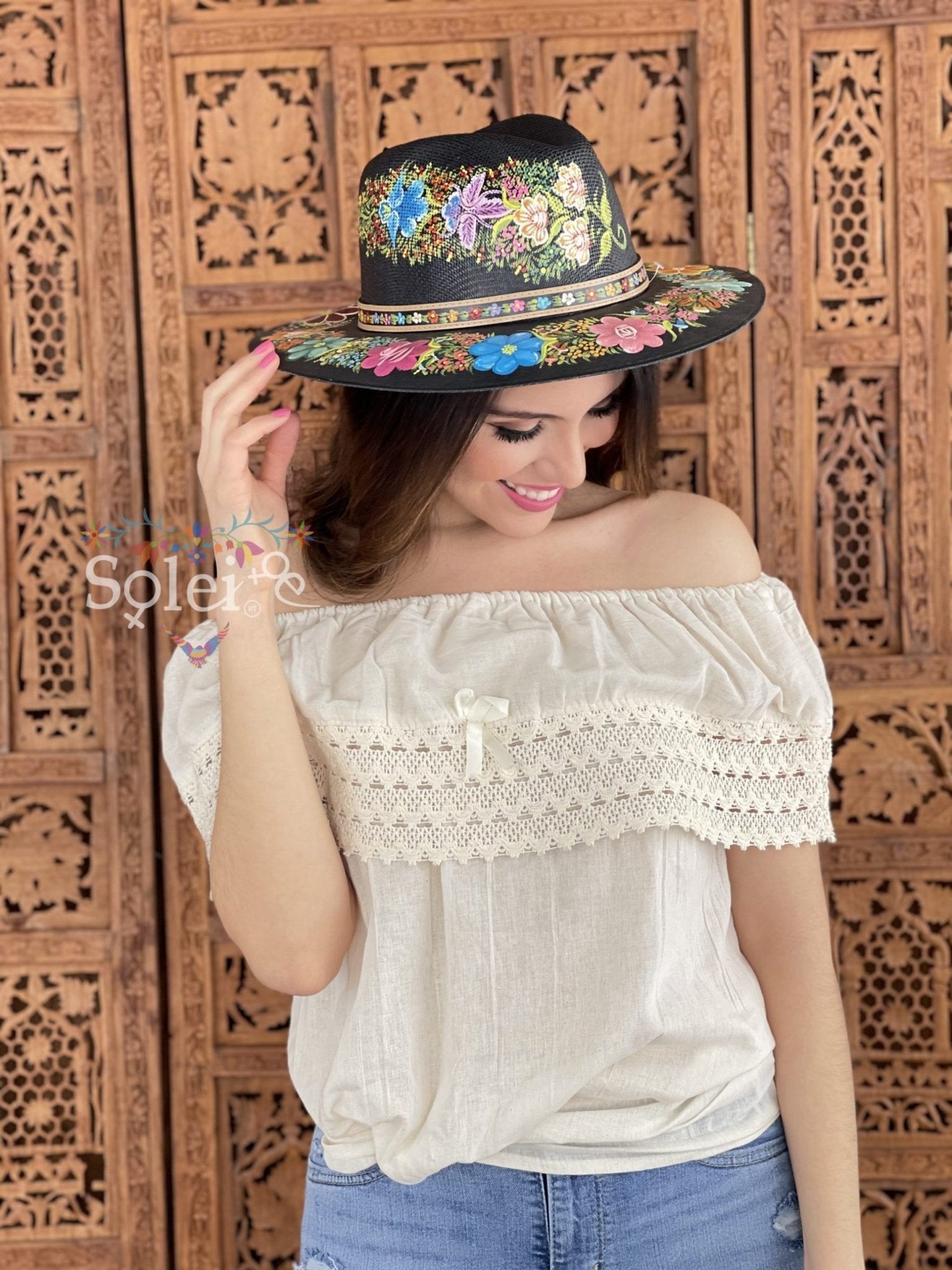 Benita Mexican Artisanal Hat. Colorful Floral Hat Hand Painted. - Solei Store