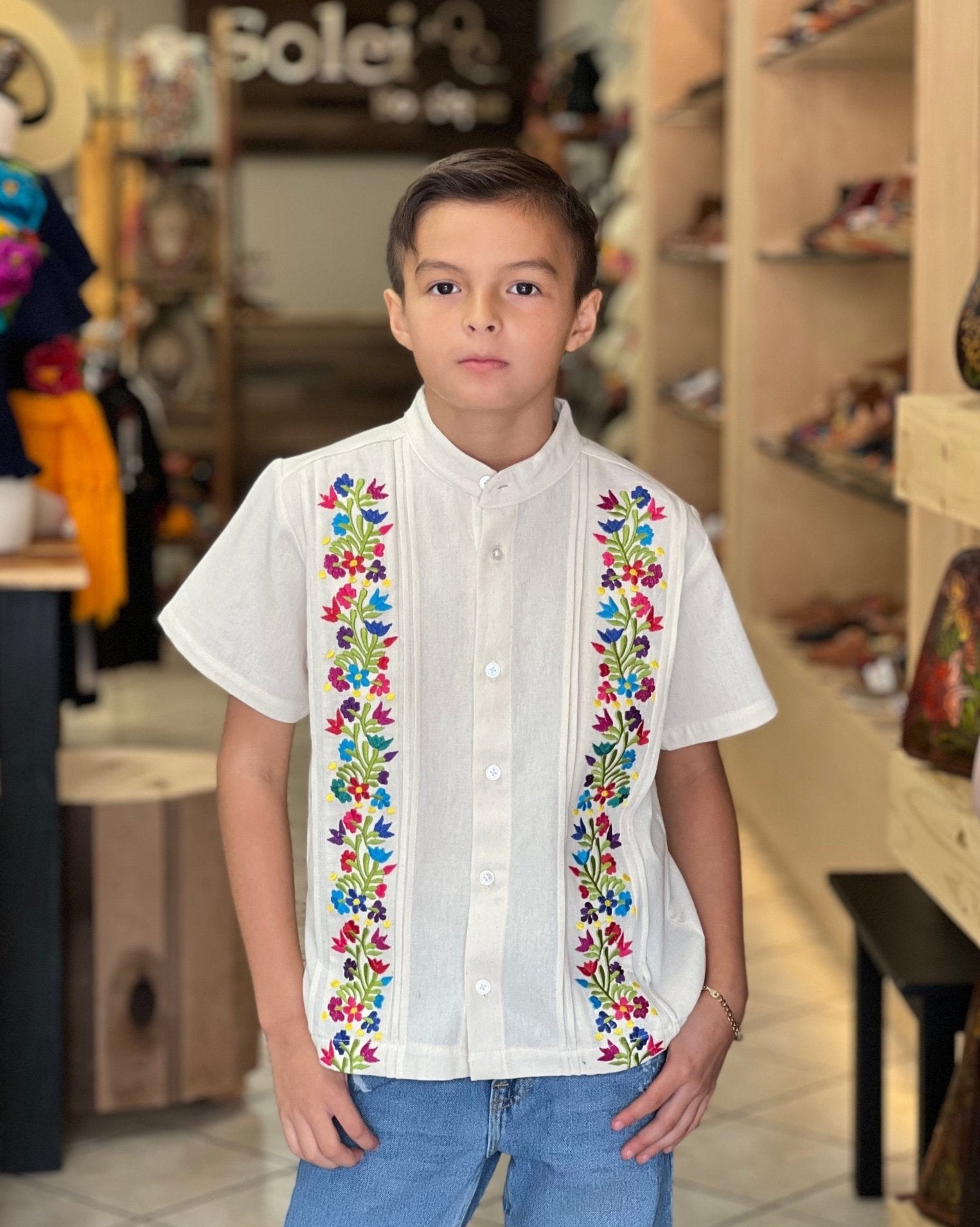 Boys Mexican Embroidered Button Up Guayabera. Guayabera Cancun. - Solei Store