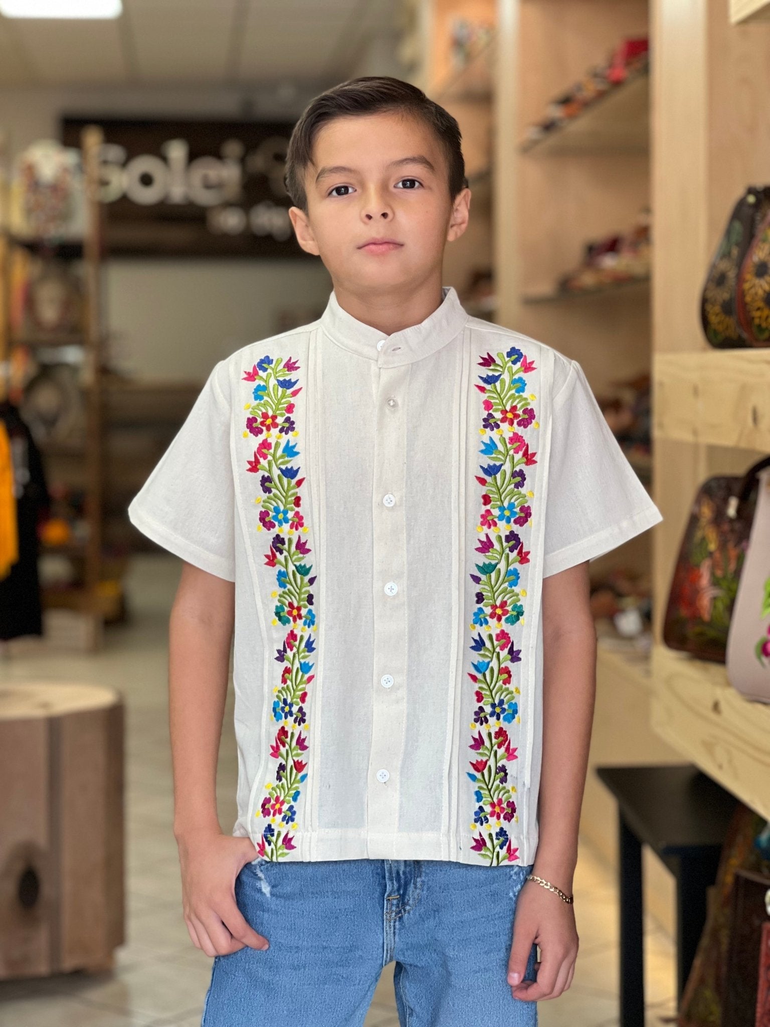Boys Mexican Embroidered Button Up Guayabera. Guayabera Cancun. - Solei Store