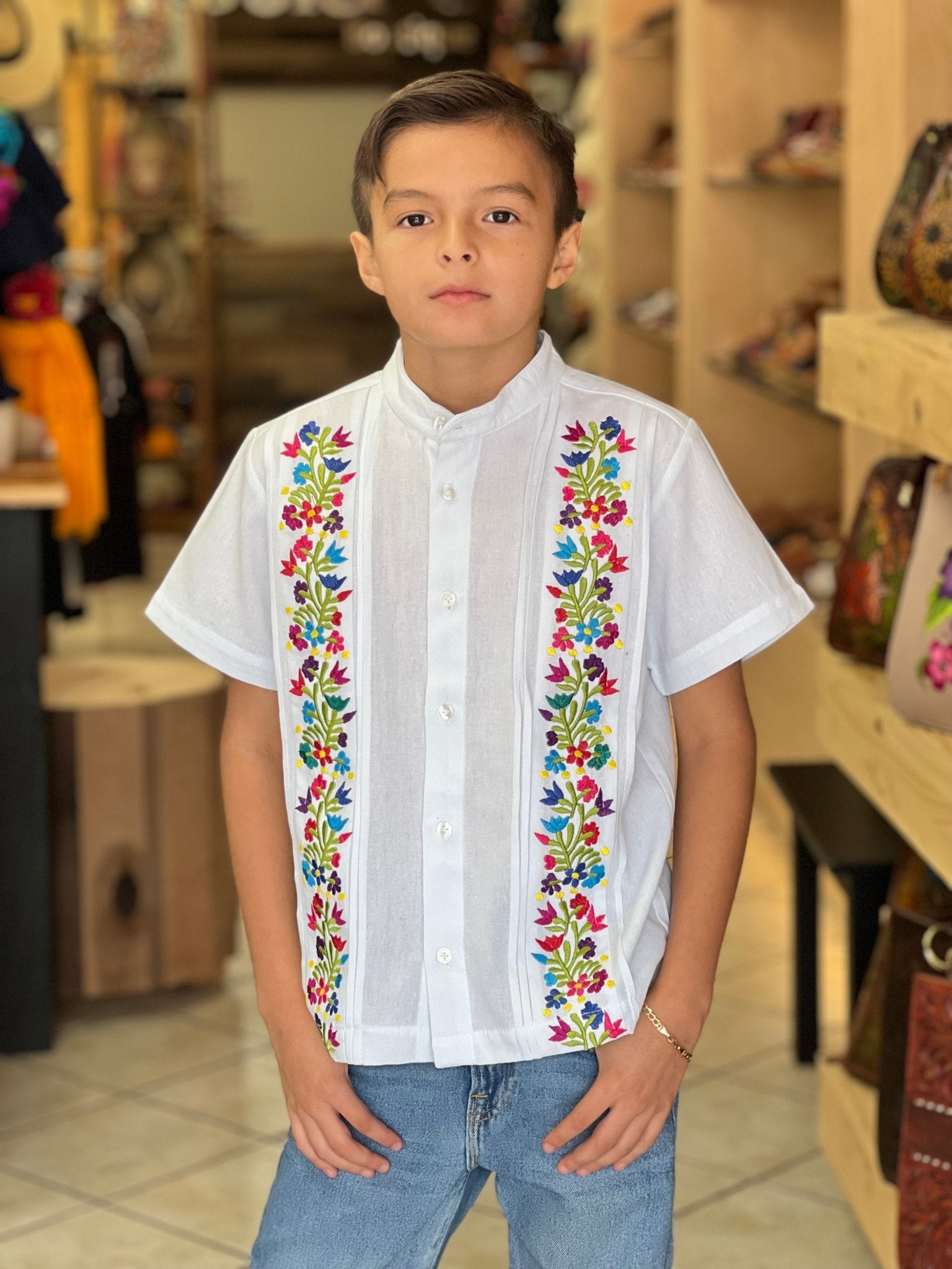 Boys Mexican Embroidered Button Up Guayabera. Guayabera Cancun. - Solei Store
