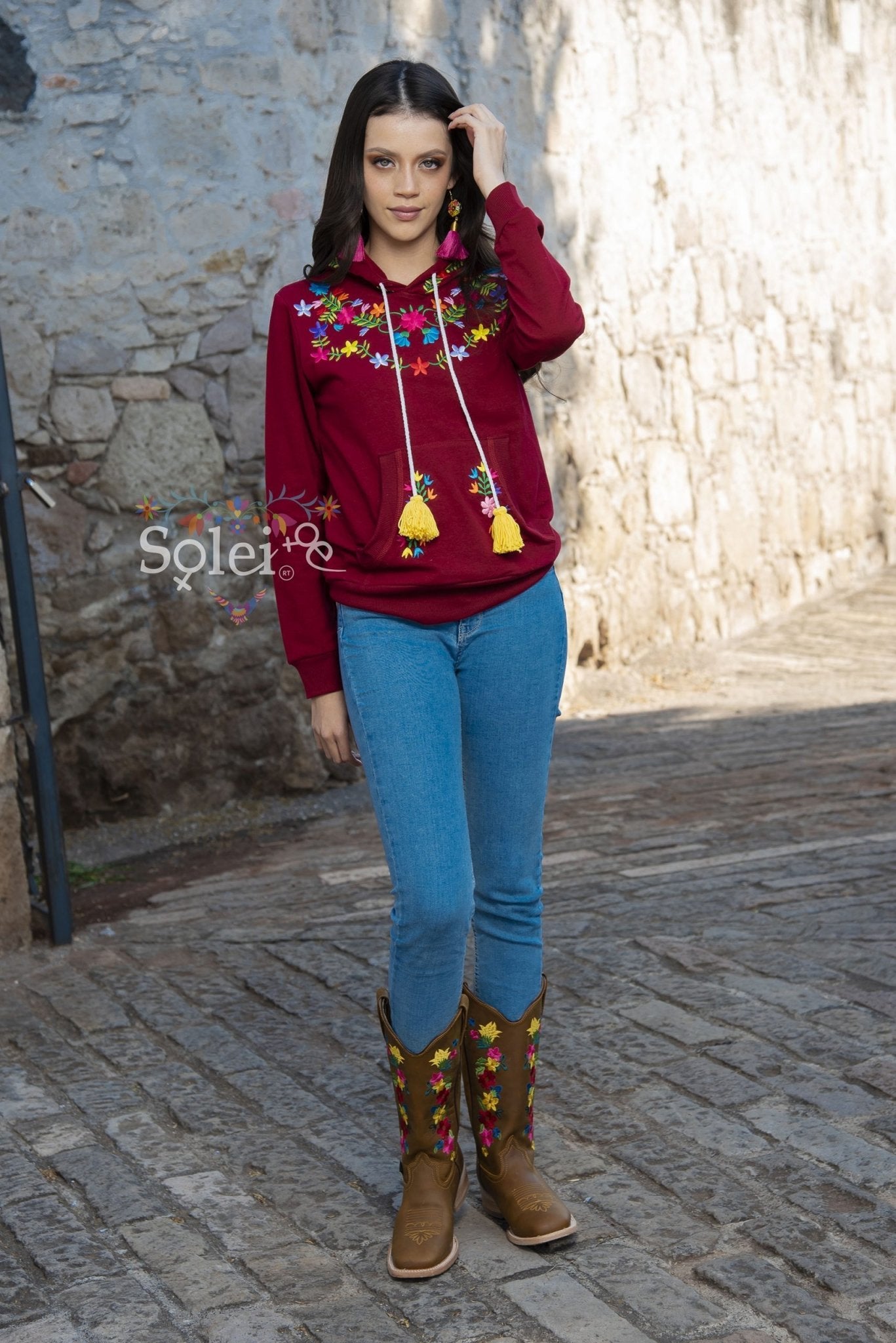 Brenda Hand embroidered floral Mexican design hoodie + Face mask included - Solei Store
