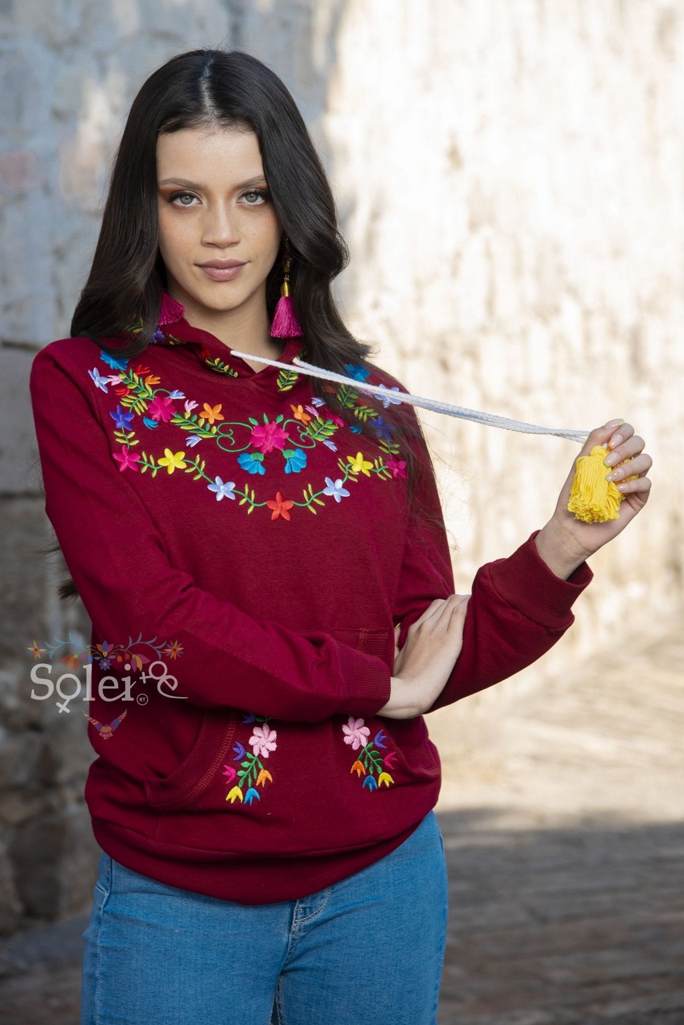 Brenda Hand embroidered floral Mexican design hoodie + Face mask included - Solei Store