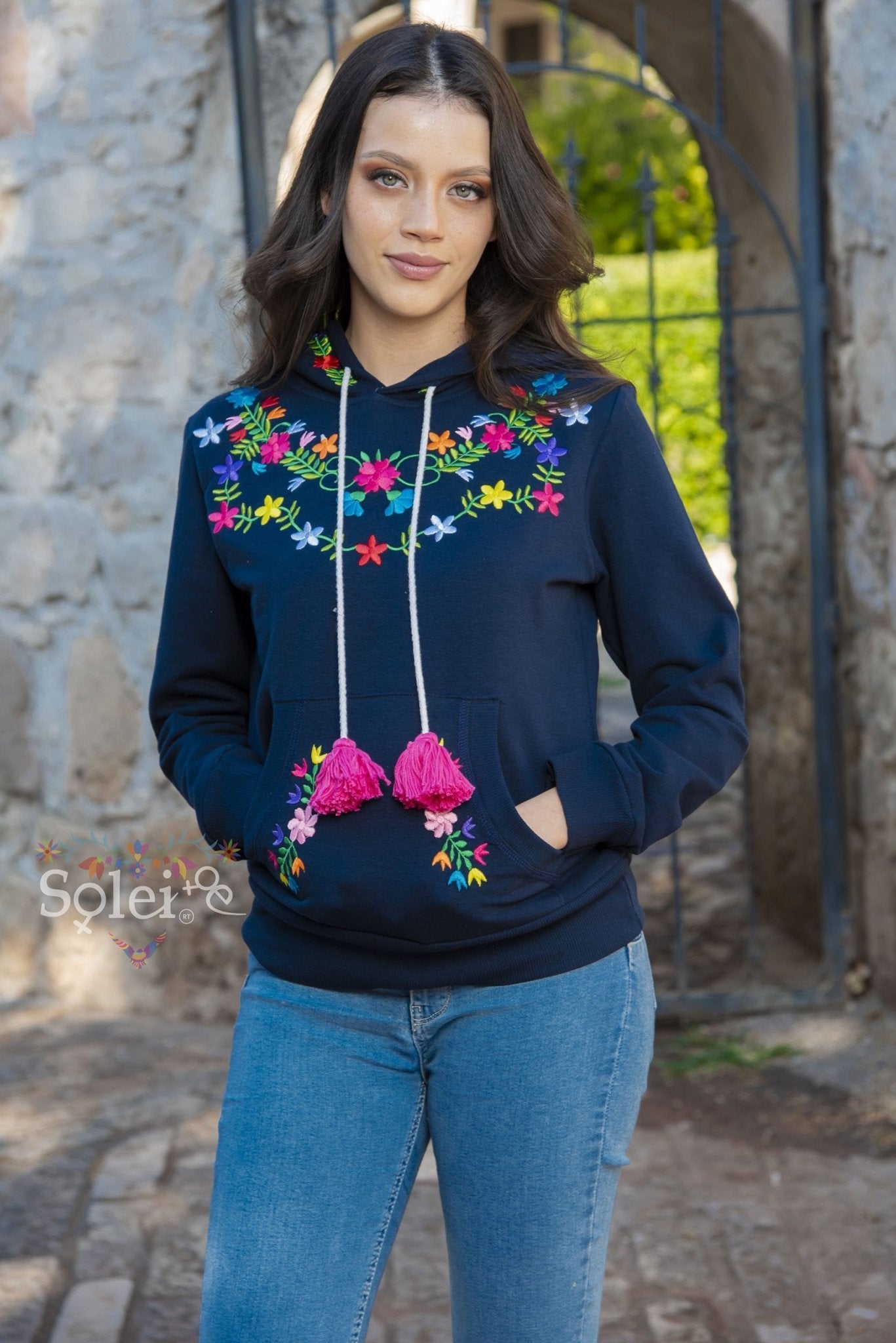 Brenda Hand embroidered floral Mexican design hoodie + Face mask included - Solei Store