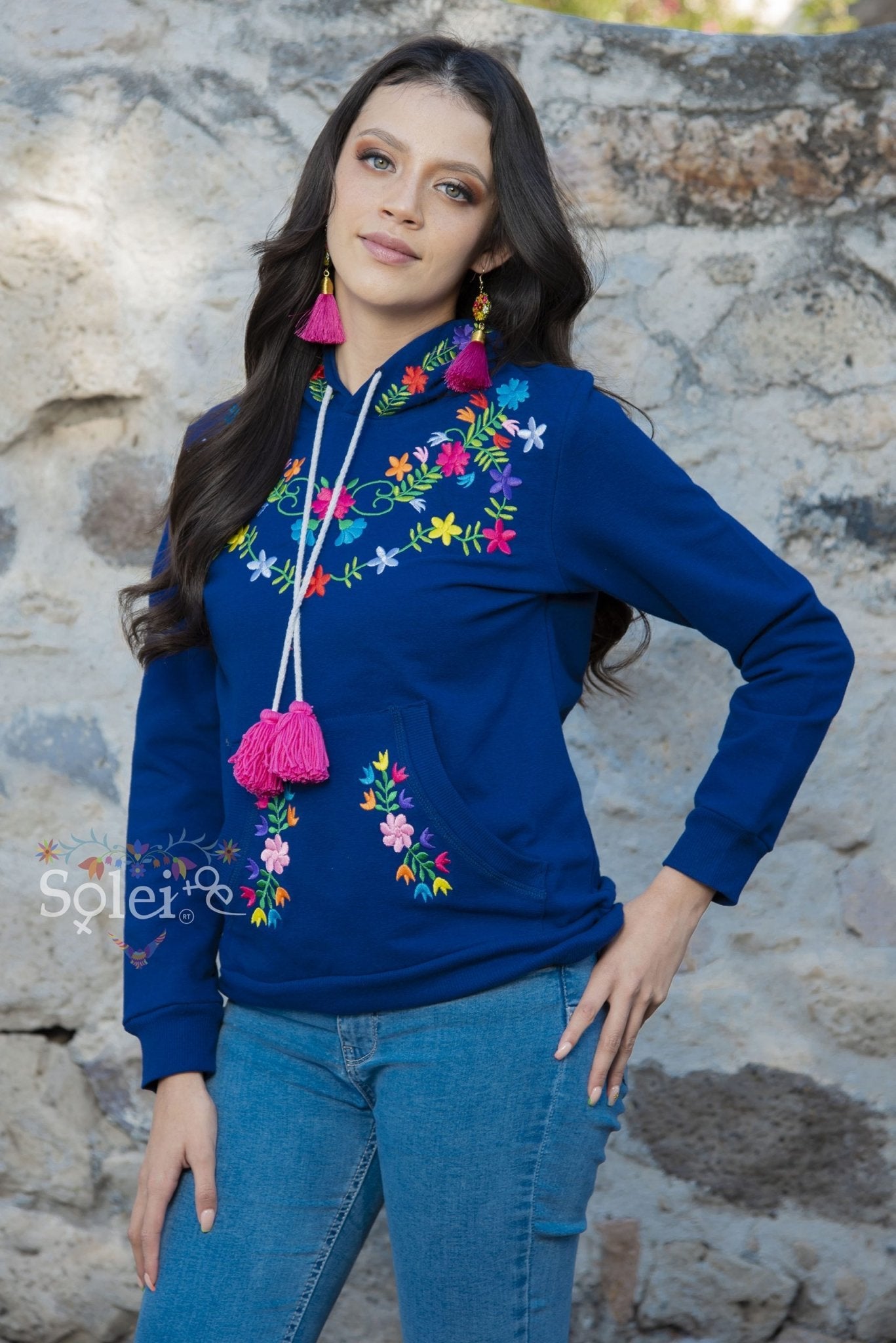 Brenda Hand embroidered floral Mexican design hoodie + Face mask included - Solei Store