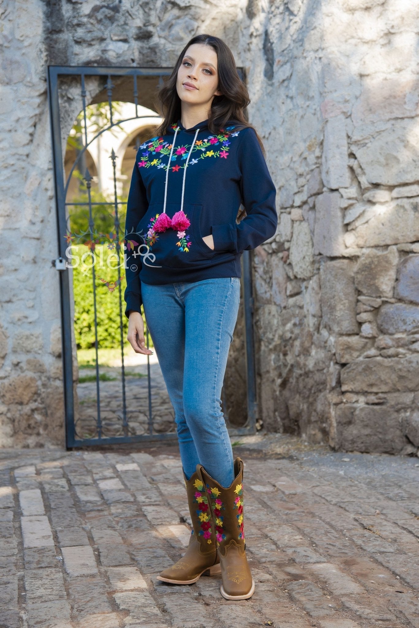Brenda Hand embroidered floral Mexican design hoodie + Face mask included - Solei Store