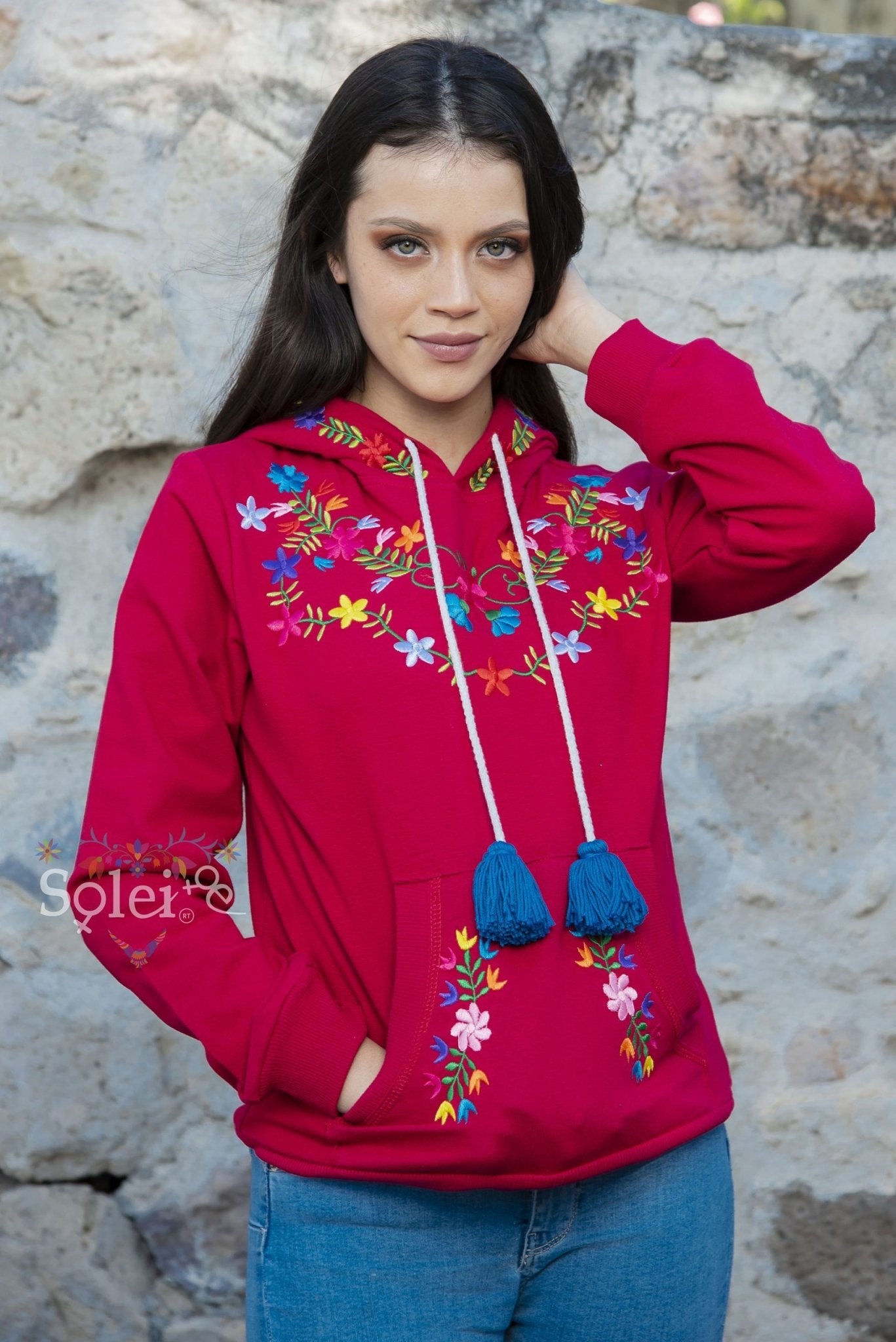Brenda Hand embroidered floral Mexican design hoodie + Face mask included - Solei Store