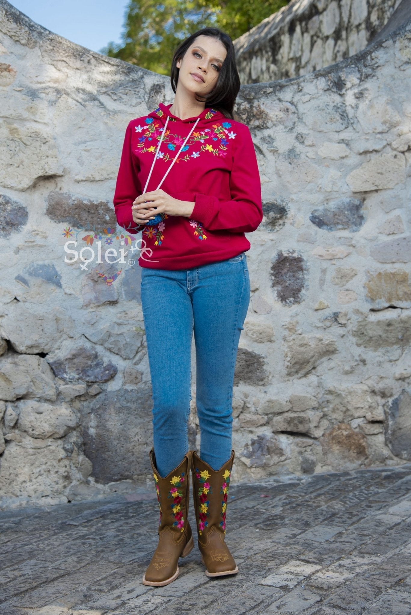 Brenda Hand embroidered floral Mexican design hoodie + Face mask included - Solei Store