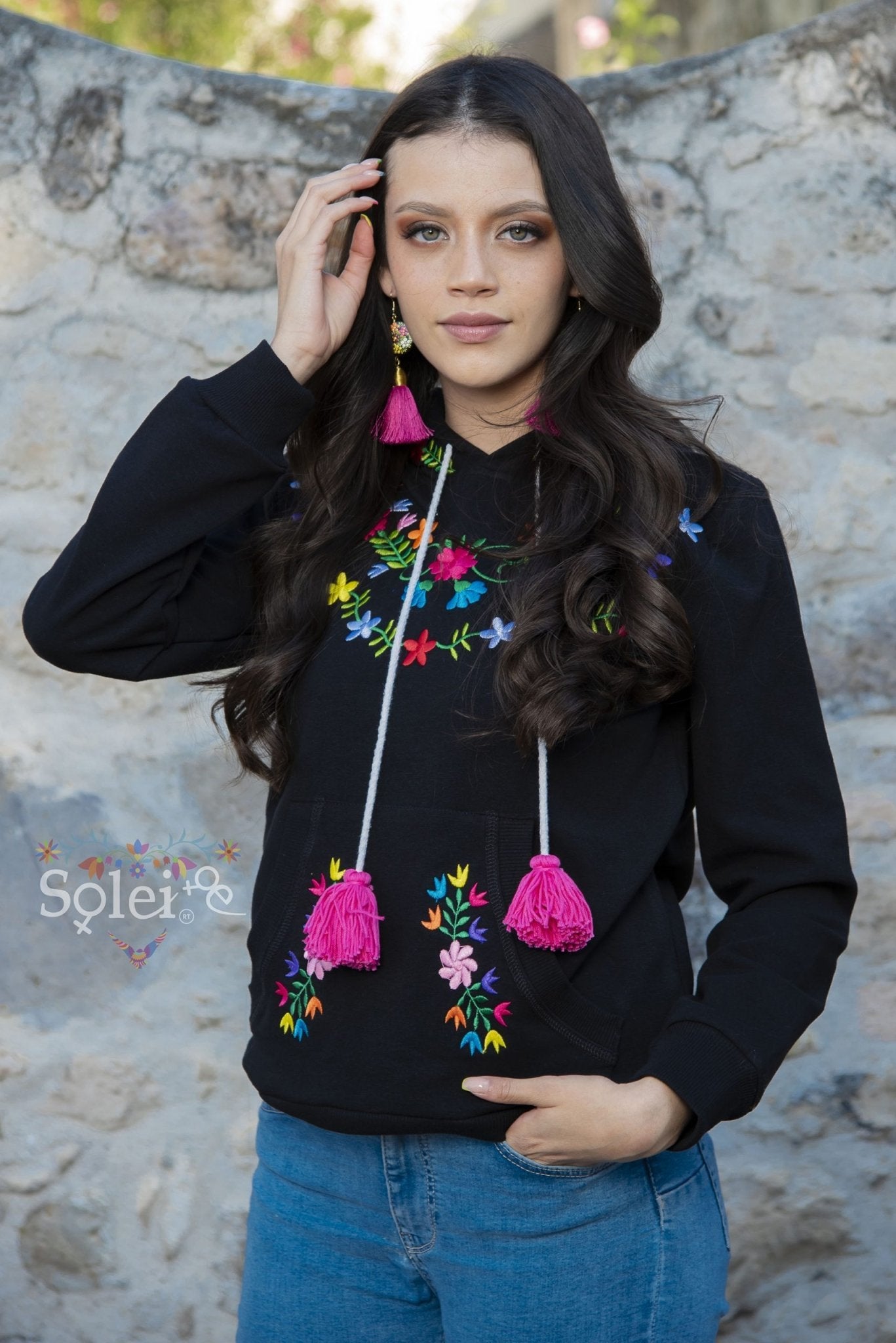 Brenda Hand embroidered floral Mexican design hoodie + Face mask included - Solei Store