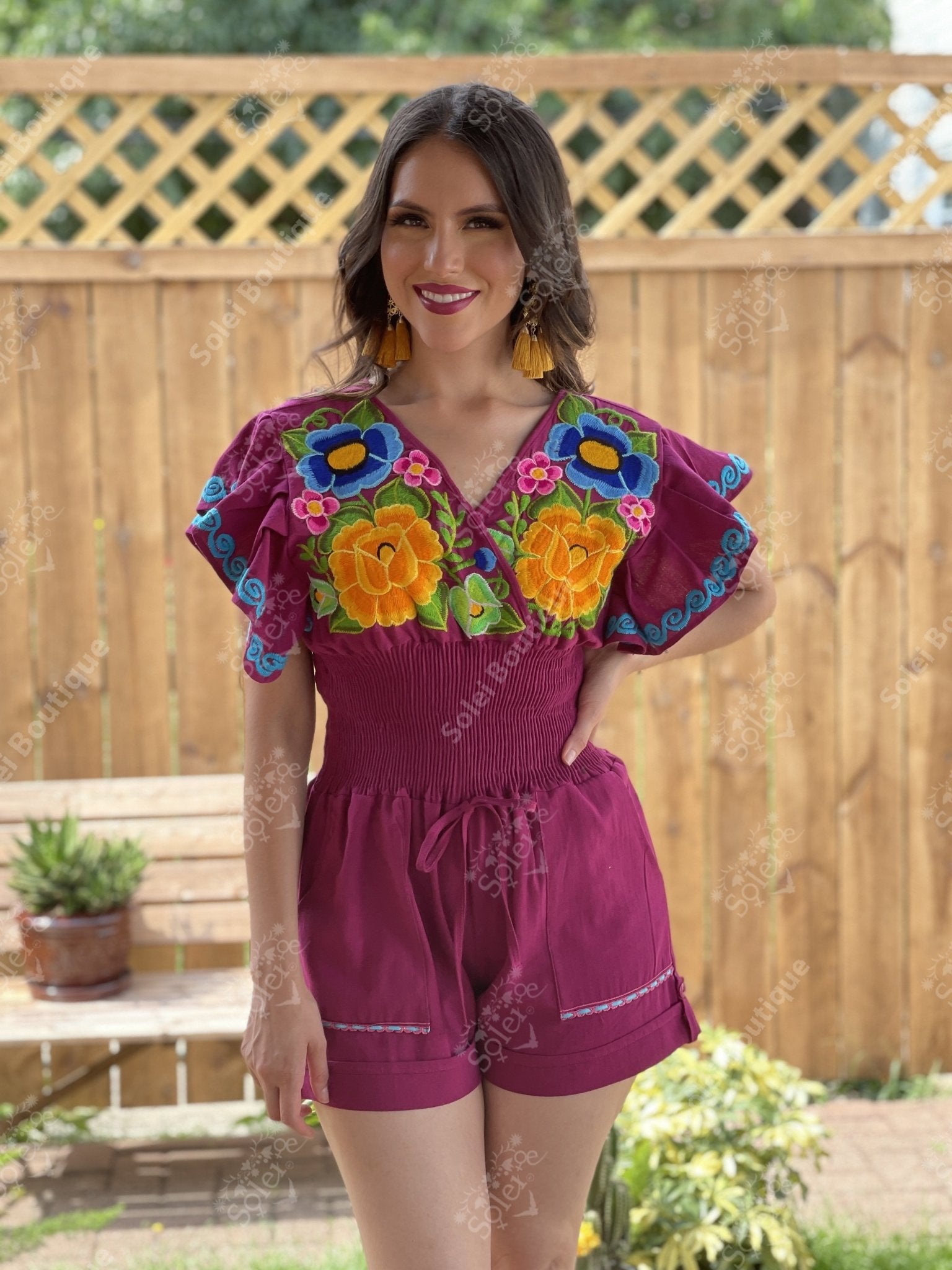 Butterfly Sleeve Romper. Mexican Floral Embroidered Romper - Solei Store