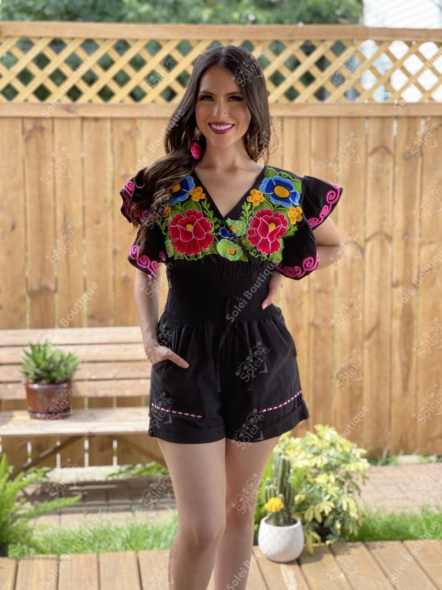 Butterfly Sleeve Romper. Mexican Floral Embroidered Romper - Solei Store
