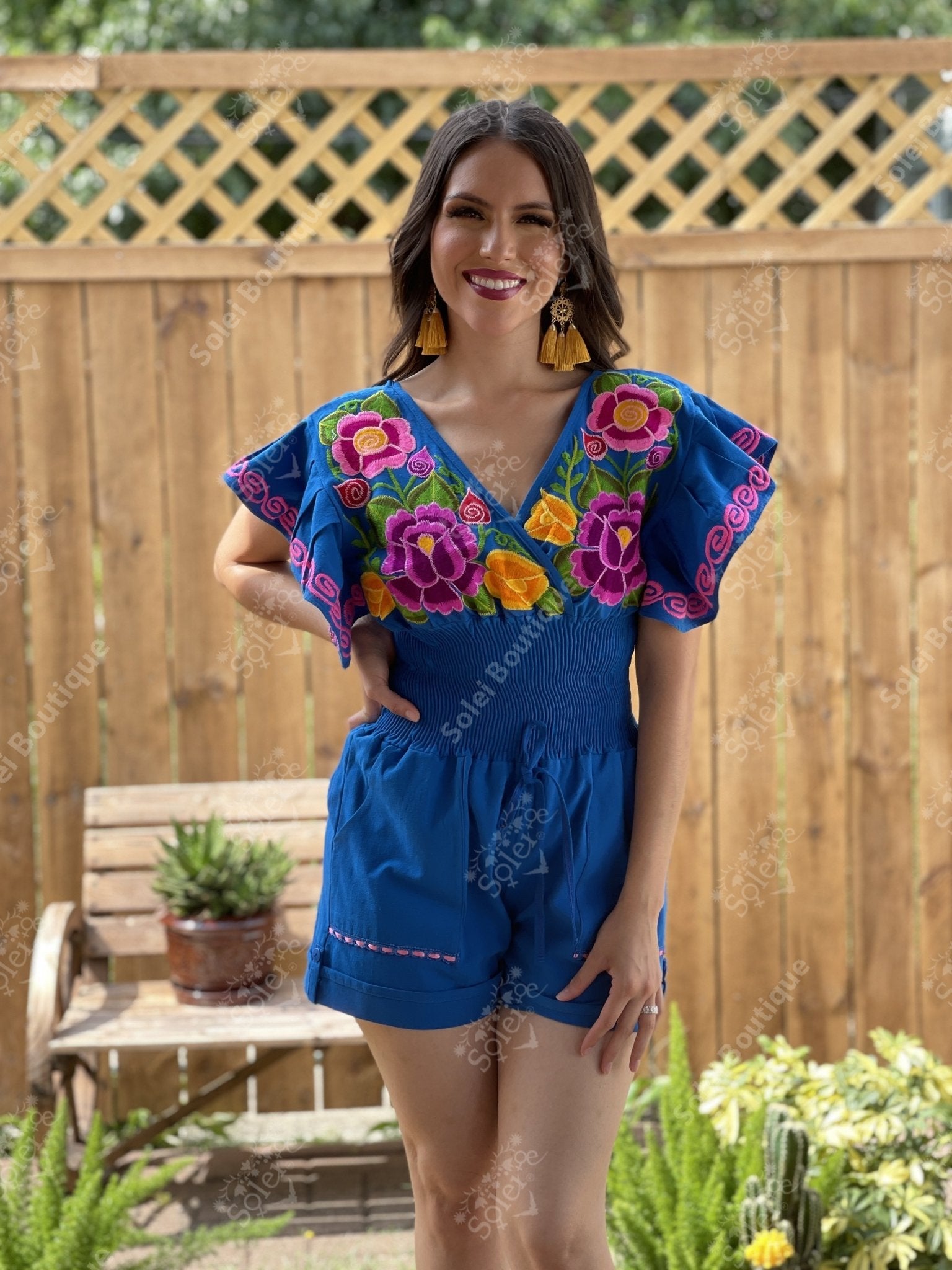 Butterfly Sleeve Romper. Mexican Floral Embroidered Romper - Solei Store
