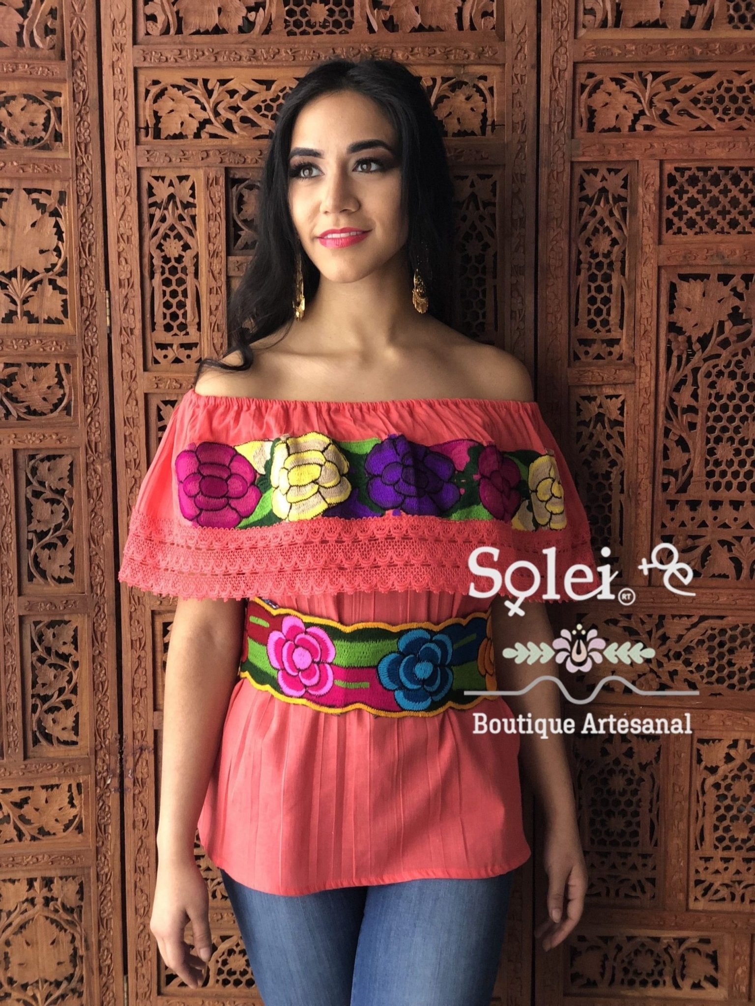 Campesina Zinacatan Fina Blouse Off Shoulder Peasant blouse and lace details, handmade embroidery of flowers - Solei Store