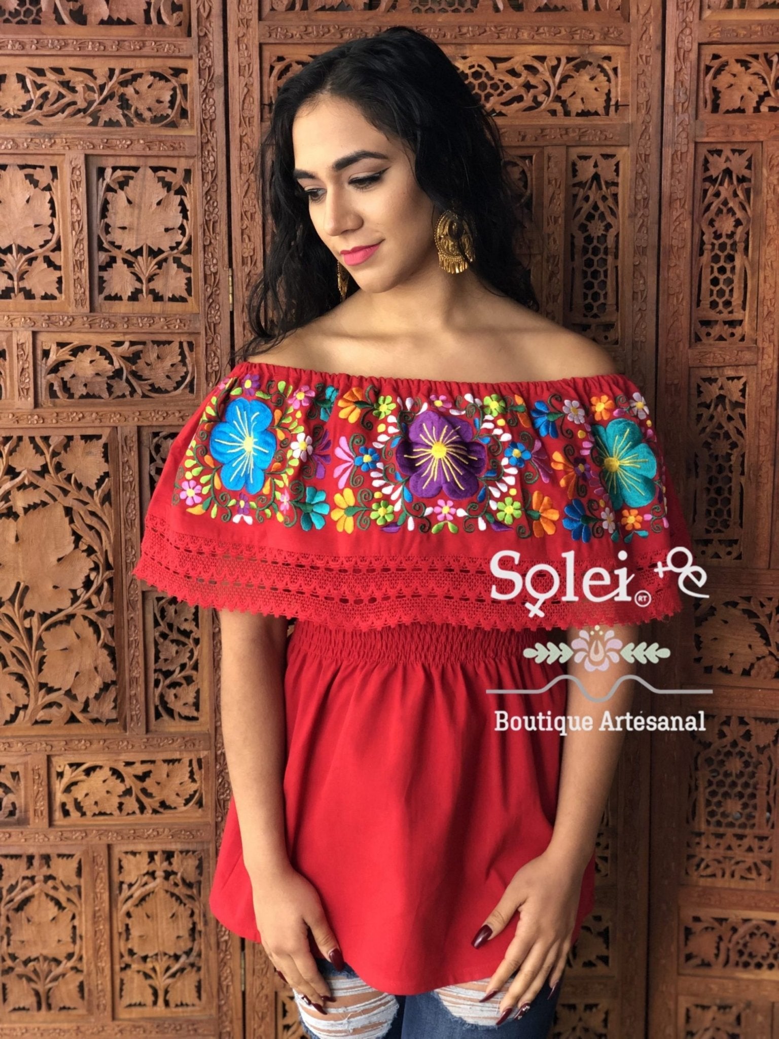 Charissa Blouse Elastic high waist off shoulders peasant blouse, lace details, colorful flower embroidery handmade - Solei Store