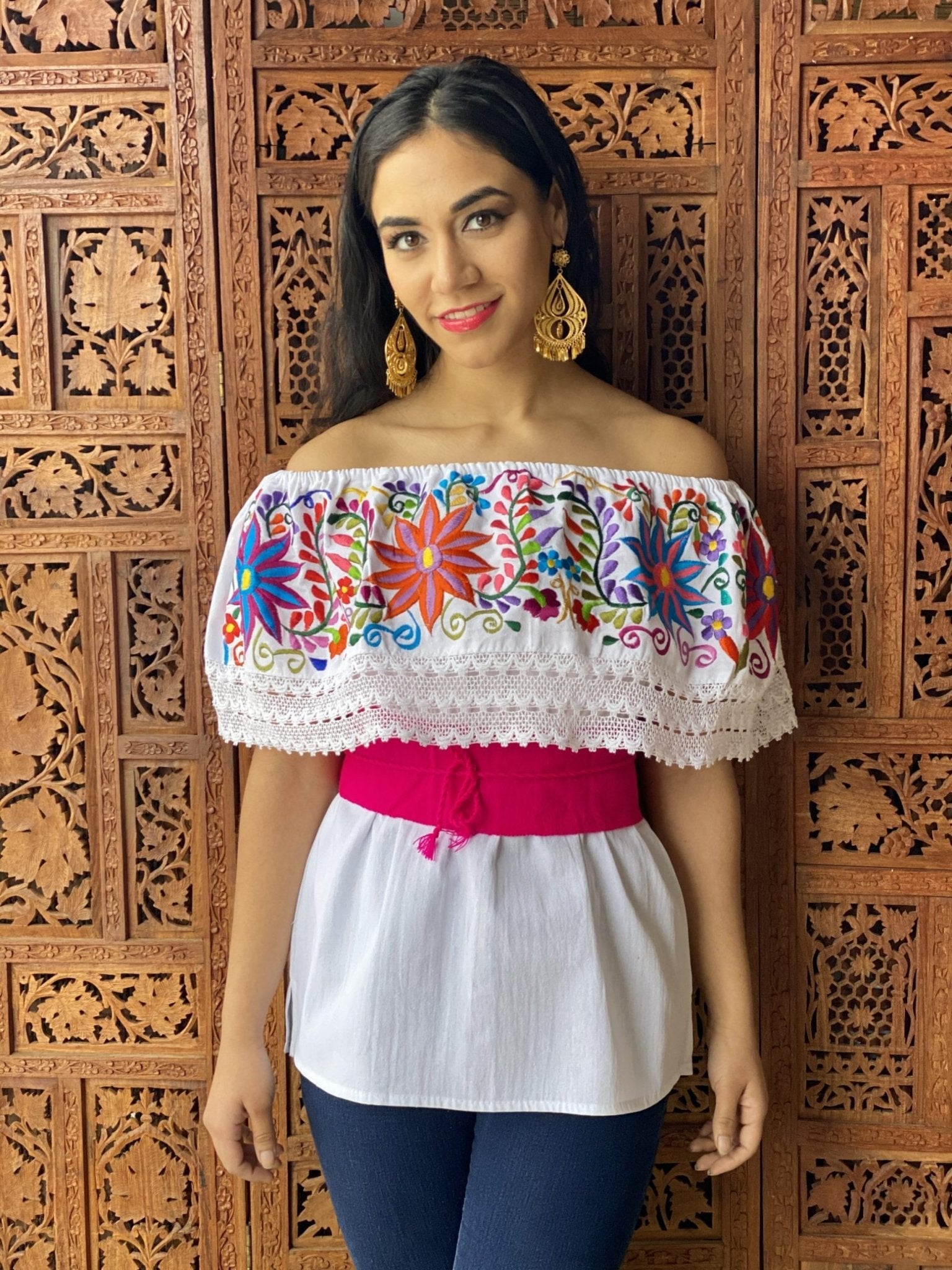 Charissa Blouse Elastic high waist off shoulders peasant blouse, lace details, colorful flower embroidery handmade - Solei Store