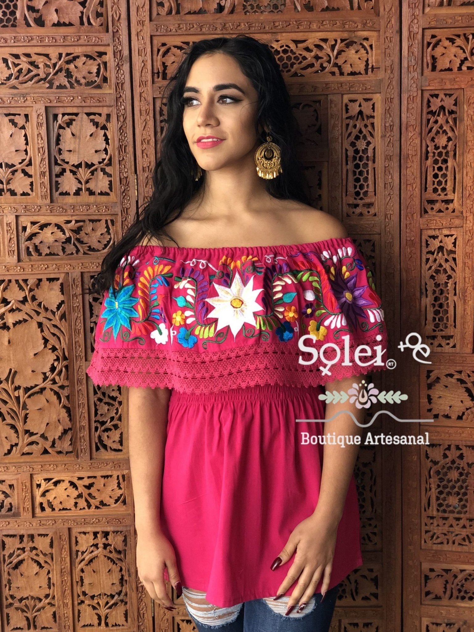 Charissa Blouse Elastic high waist off shoulders peasant blouse, lace details, colorful flower embroidery handmade - Solei Store