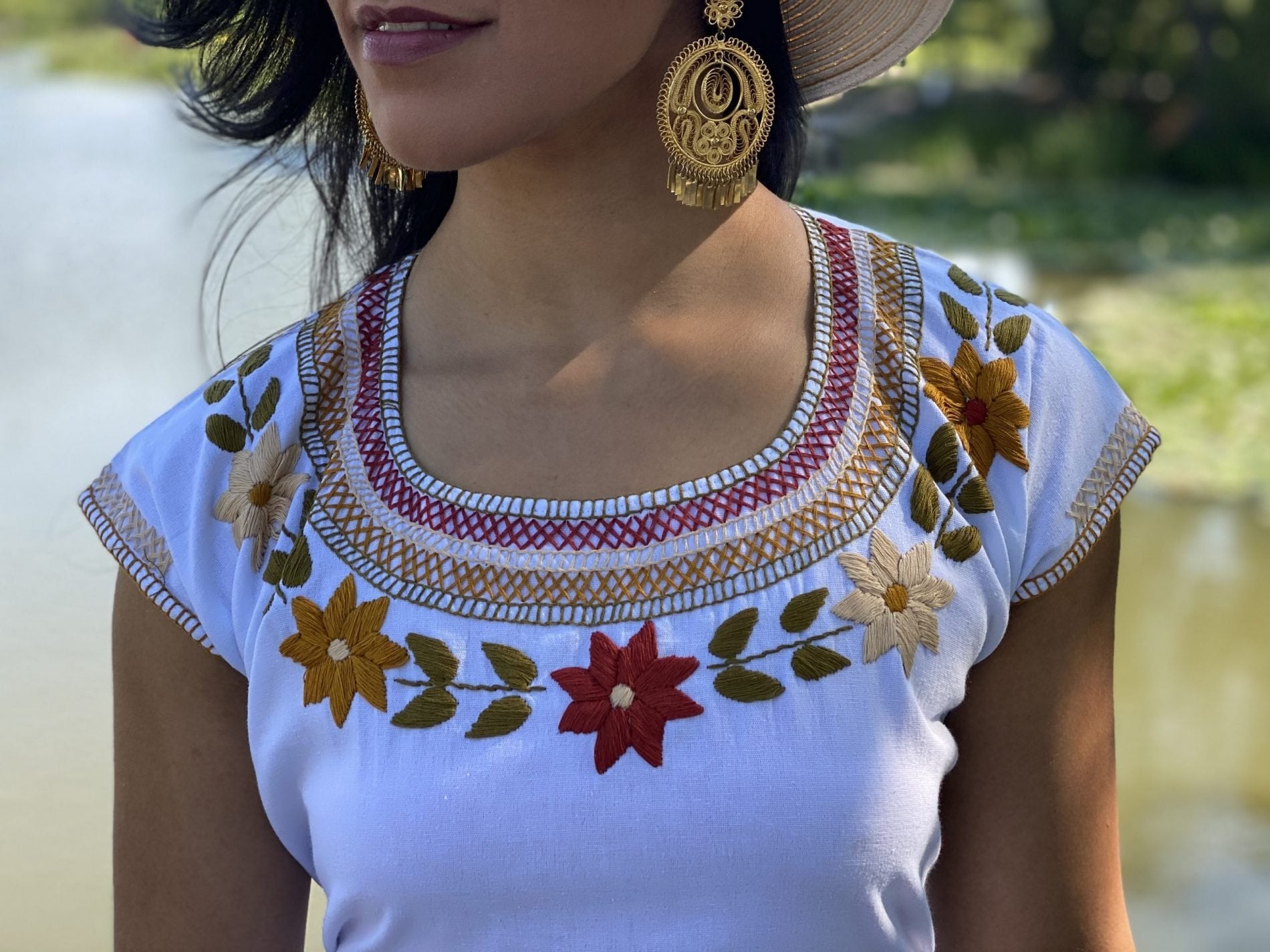 Cleopatra round neck straight cut dress hand embroidered colorful flower design - Solei Store