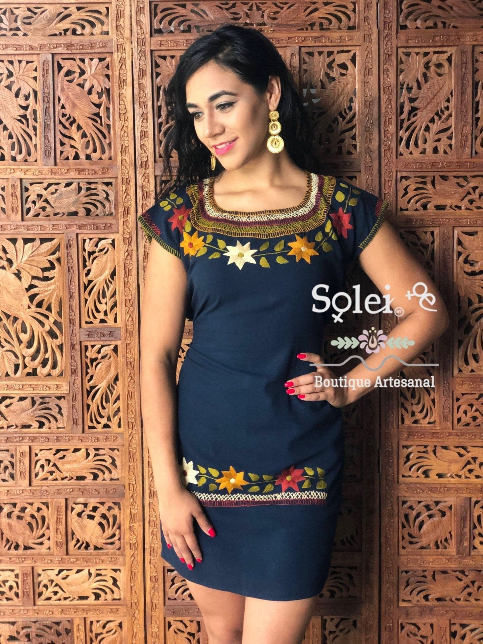 Cleopatra round neck straight cut dress hand embroidered colorful flower design - Solei Store