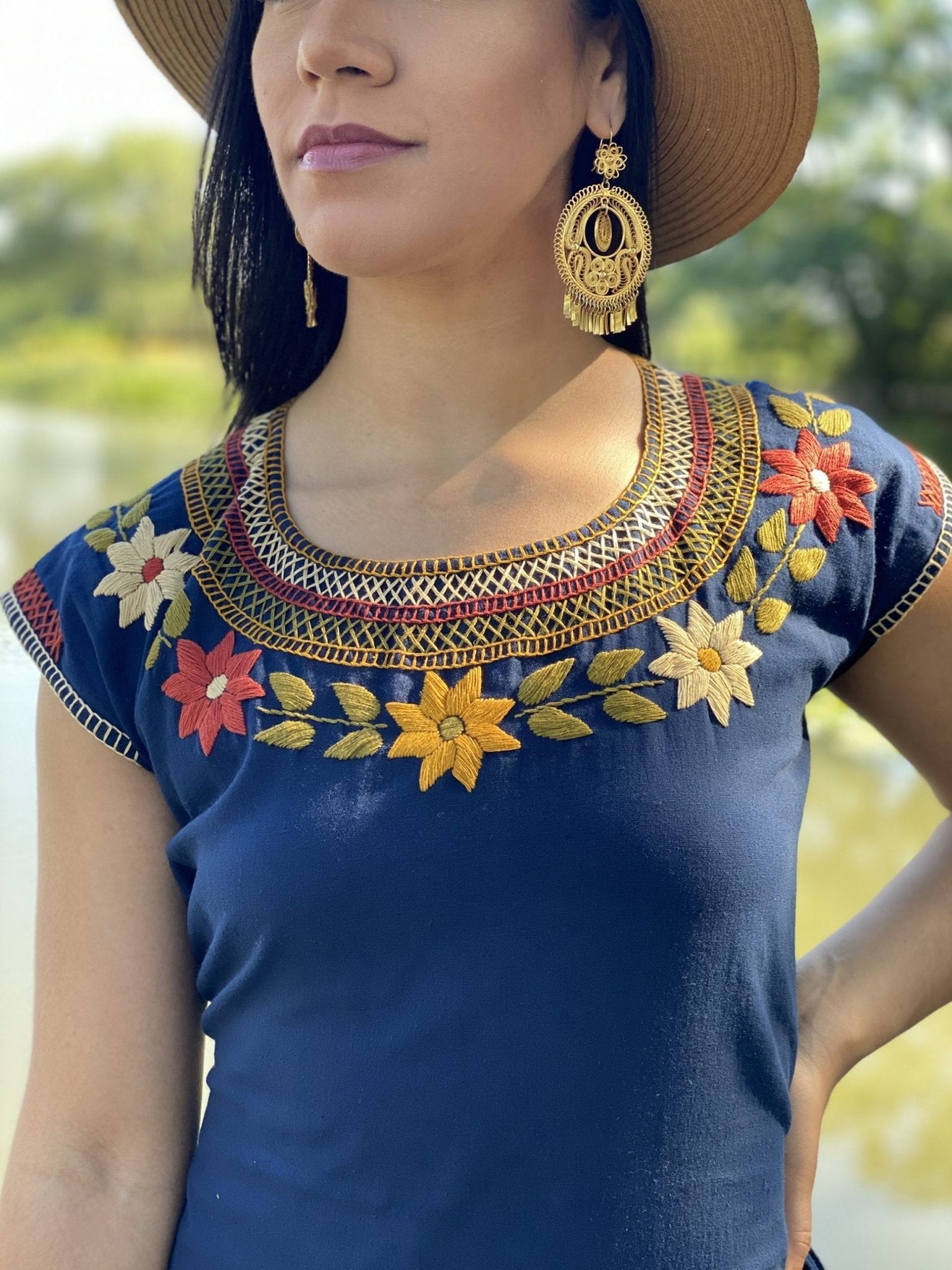 Cleopatra round neck straight cut dress hand embroidered colorful flower design - Solei Store