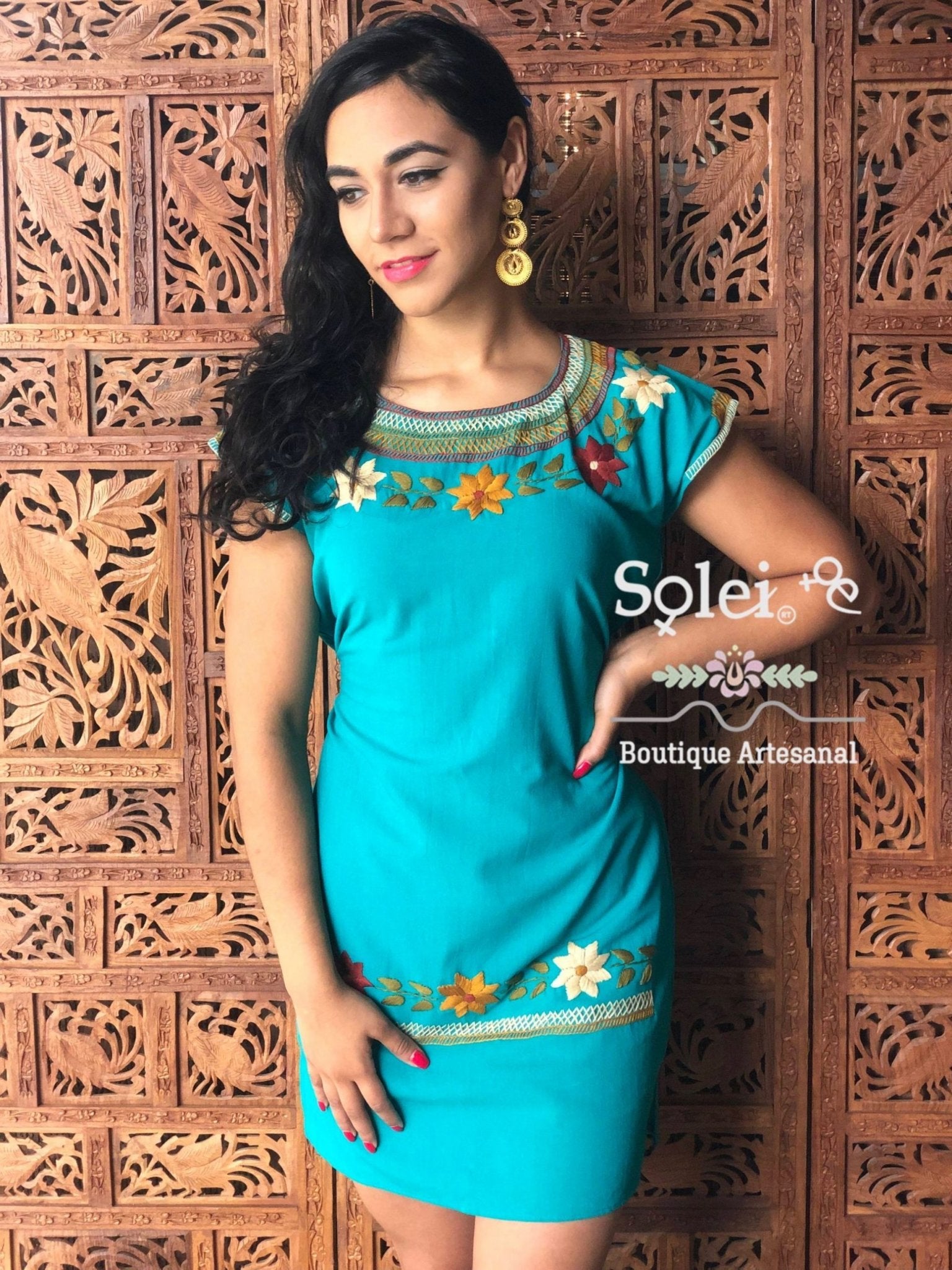Cleopatra round neck straight cut dress hand embroidered colorful flower design - Solei Store