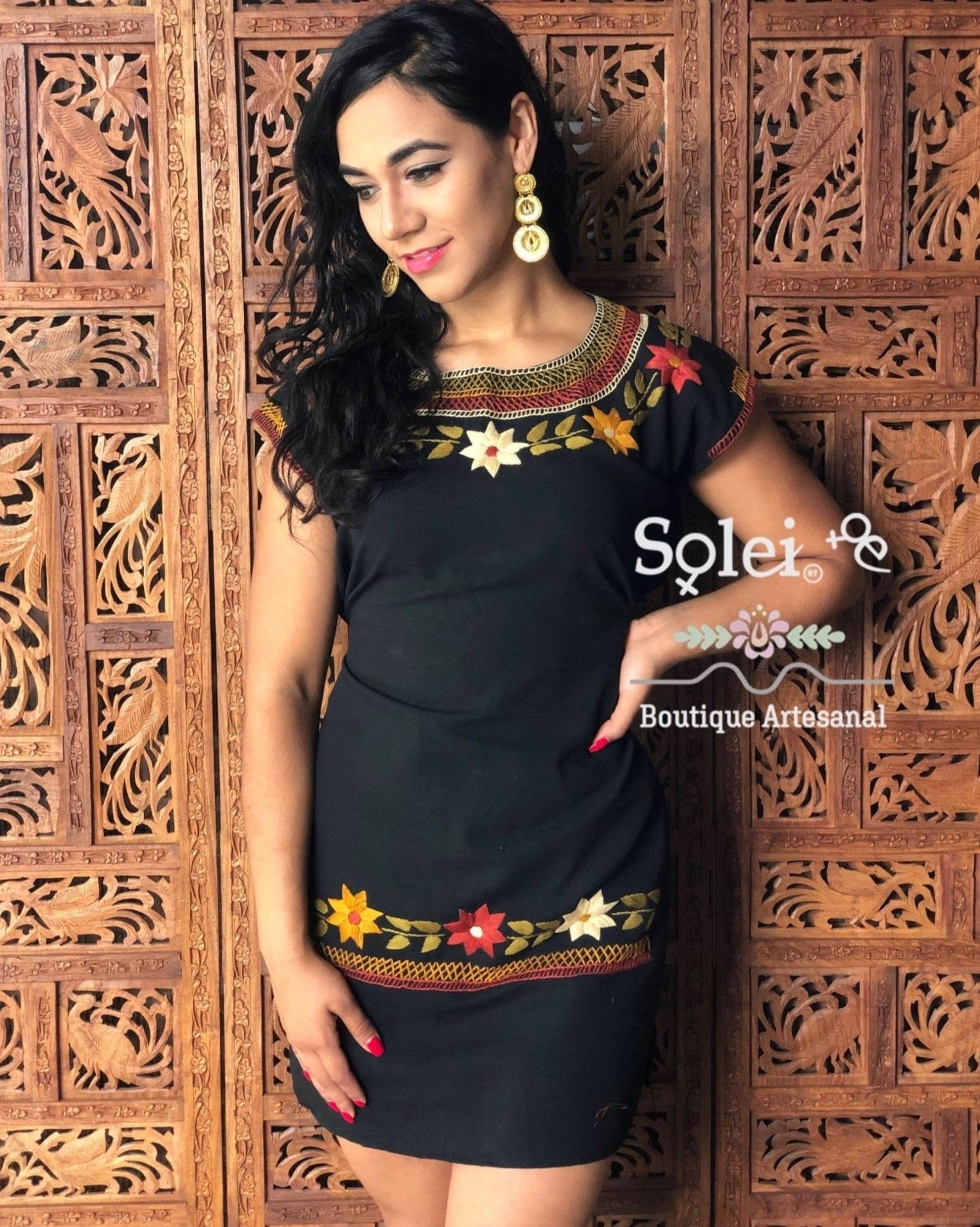 Mexican Hand Embroidered Colorful Dress in Black