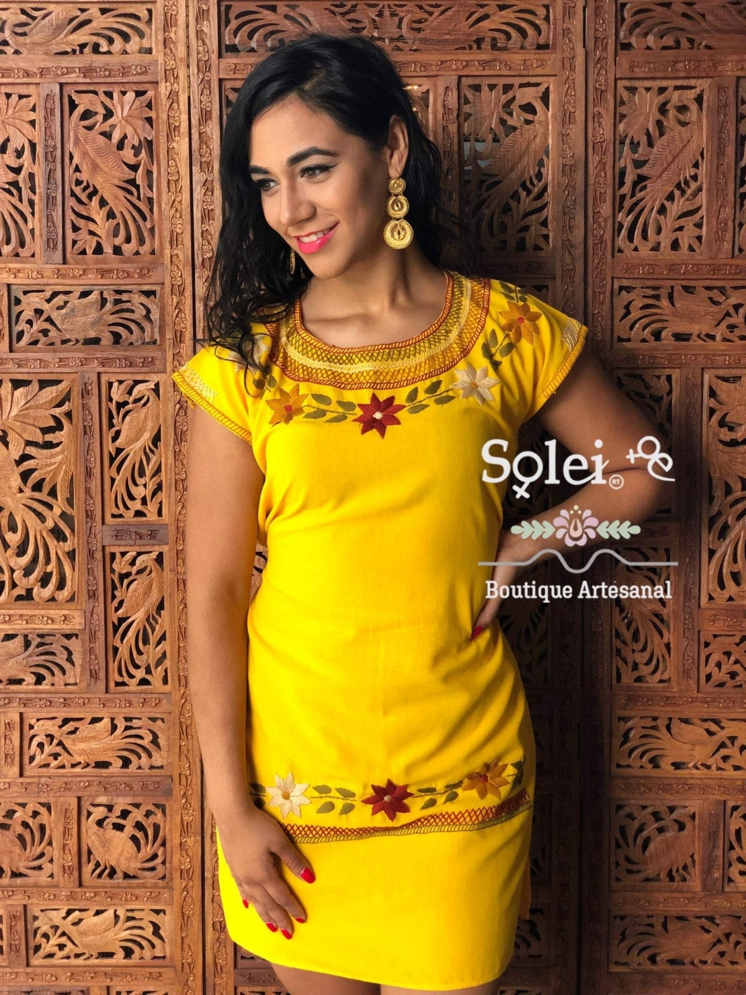 Cleopatra round neck straight cut dress hand embroidered colorful flower design - Solei Store