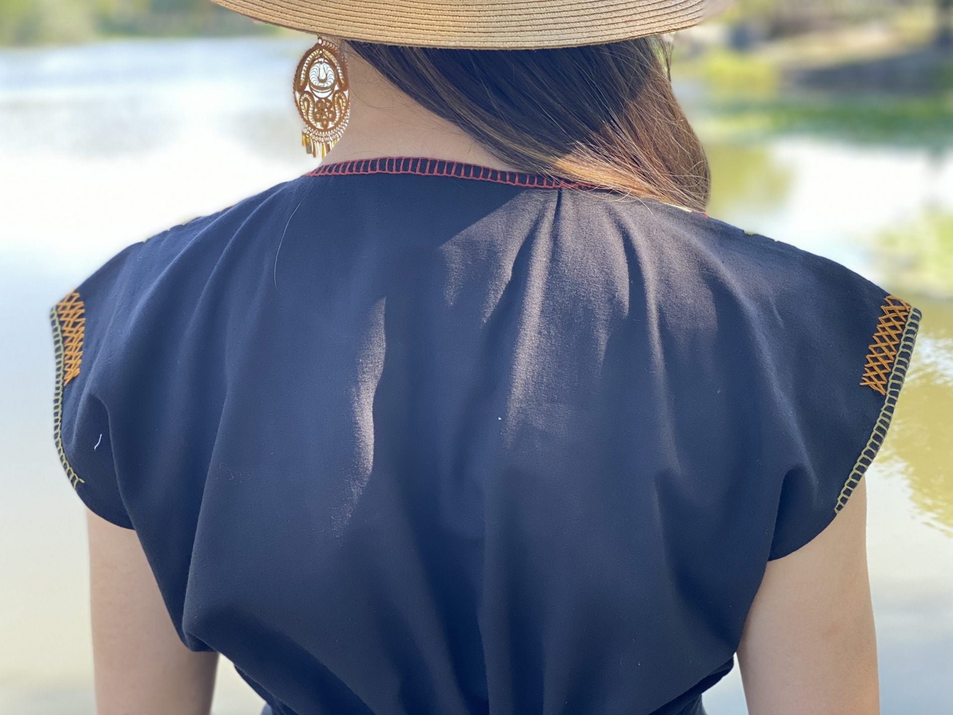 Cleopatra round neck straight cut dress hand embroidered colorful flower design - Solei Store