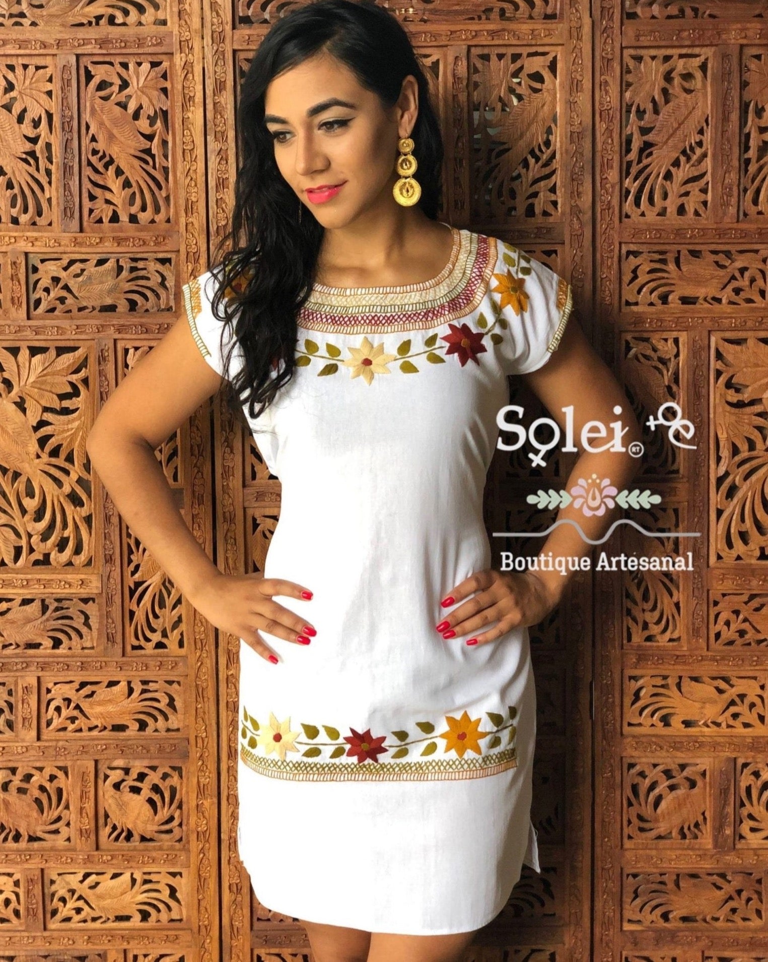 Cleopatra round neck straight cut dress hand embroidered colorful flower design - Solei Store