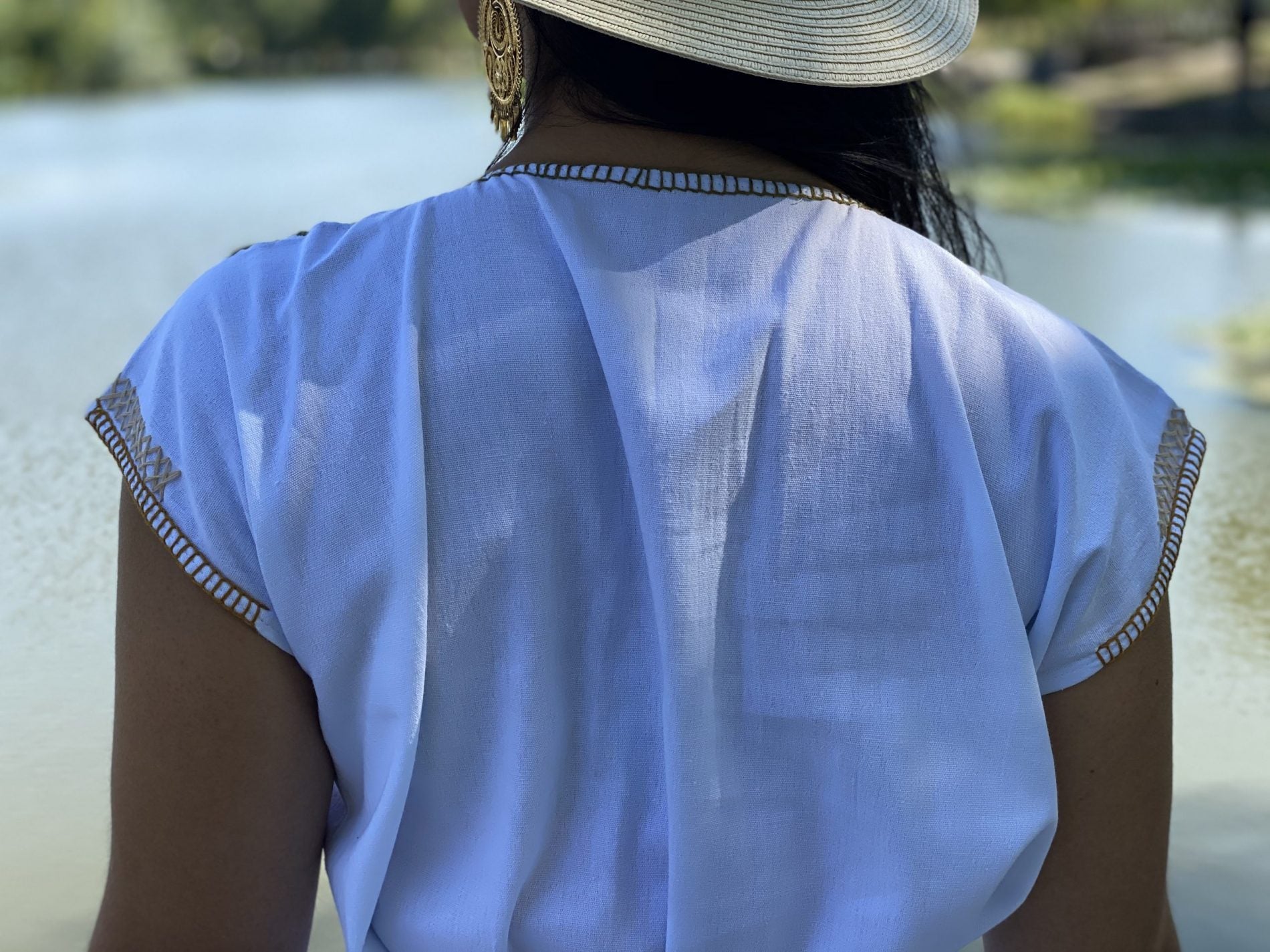 Cleopatra round neck straight cut dress hand embroidered colorful flower design - Solei Store