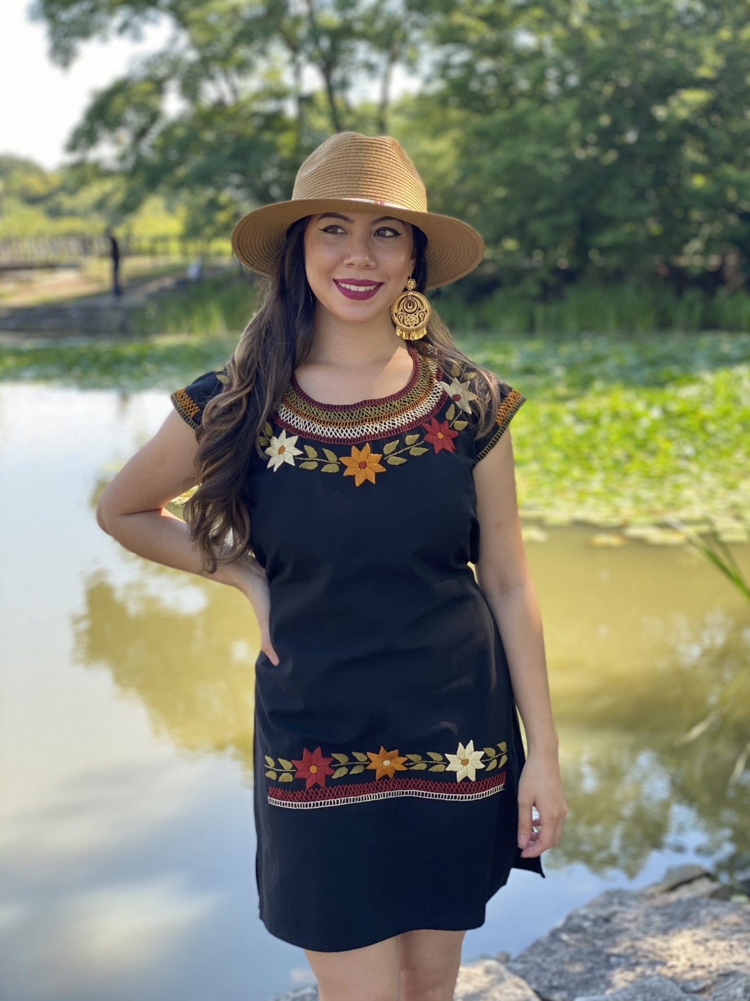 Cleopatra round neck straight cut dress hand embroidered colorful flower design - Solei Store