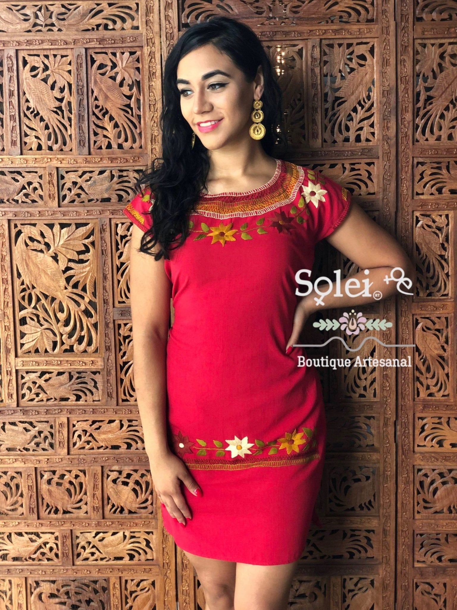 Cleopatra round neck straight cut dress hand embroidered colorful flower design - Solei Store