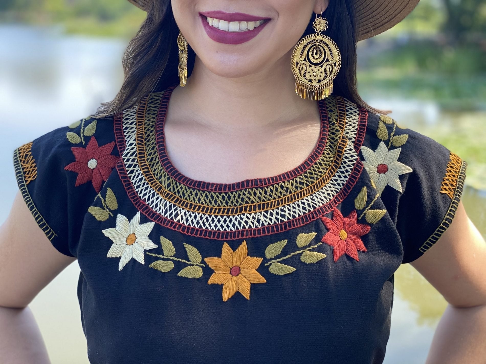 Cleopatra round neck straight cut dress hand embroidered colorful flower design - Solei Store