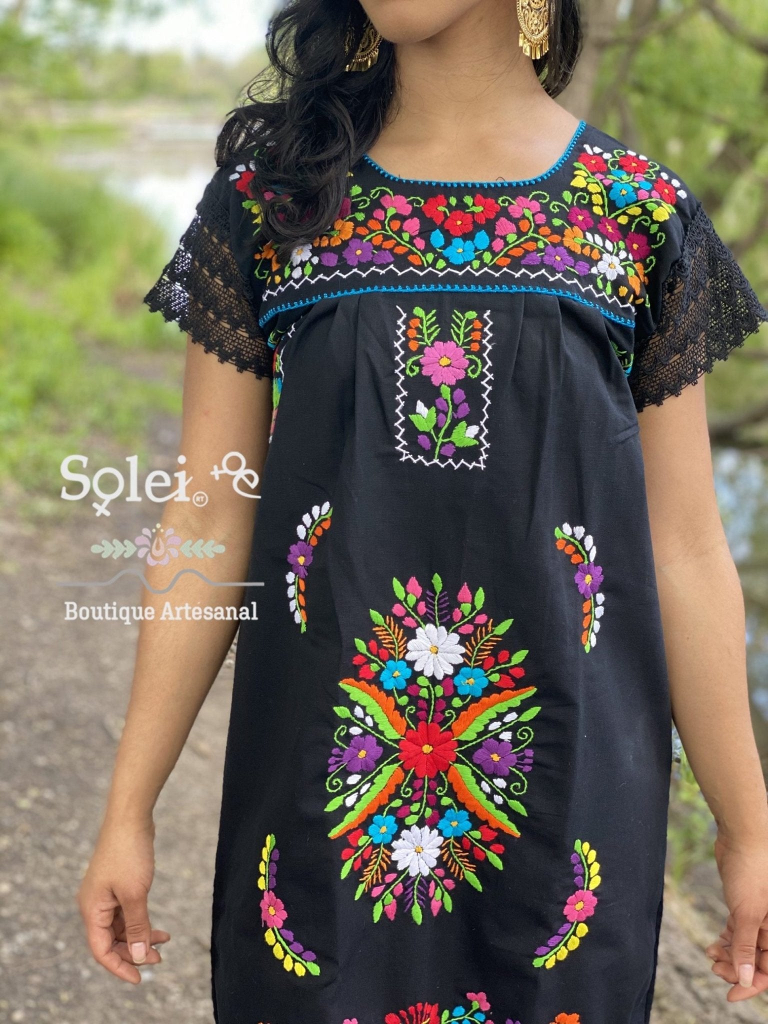 Colorful floral mexican dress. Floral Embroidered Mexican Dress with beautiful lace details on the sleeve and lower part of the skirt. - Solei Store