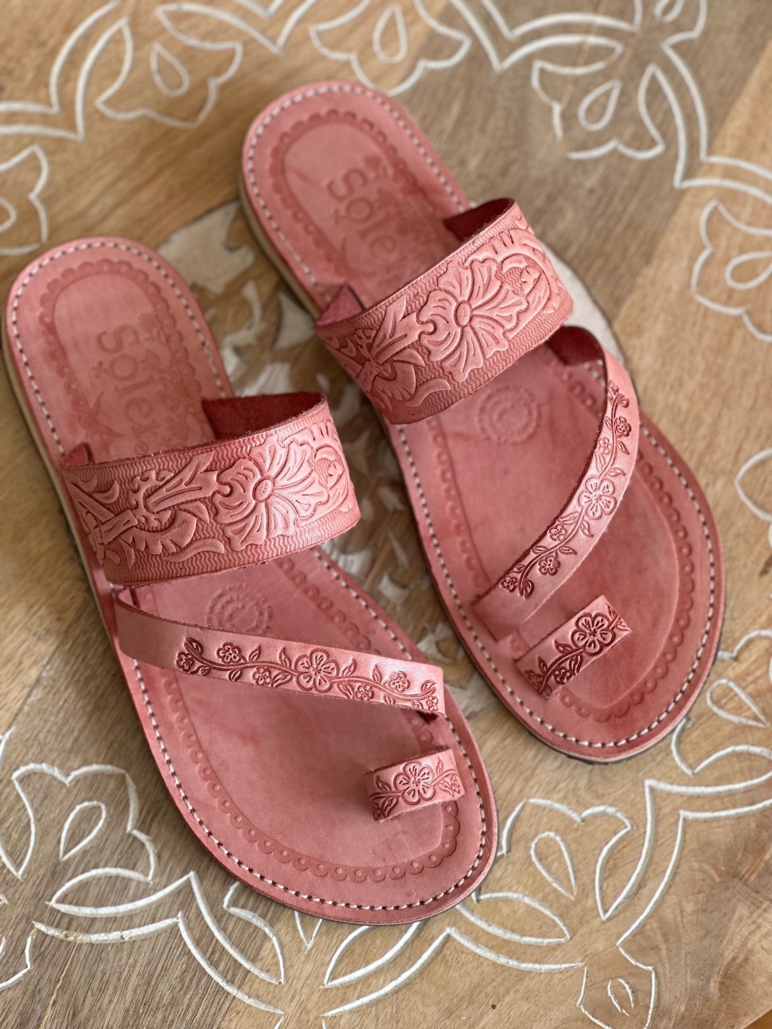Cross Strap Sandals. Mexican Leather Sandals. Floral Stamped. Chancla Raquel - Solei Store