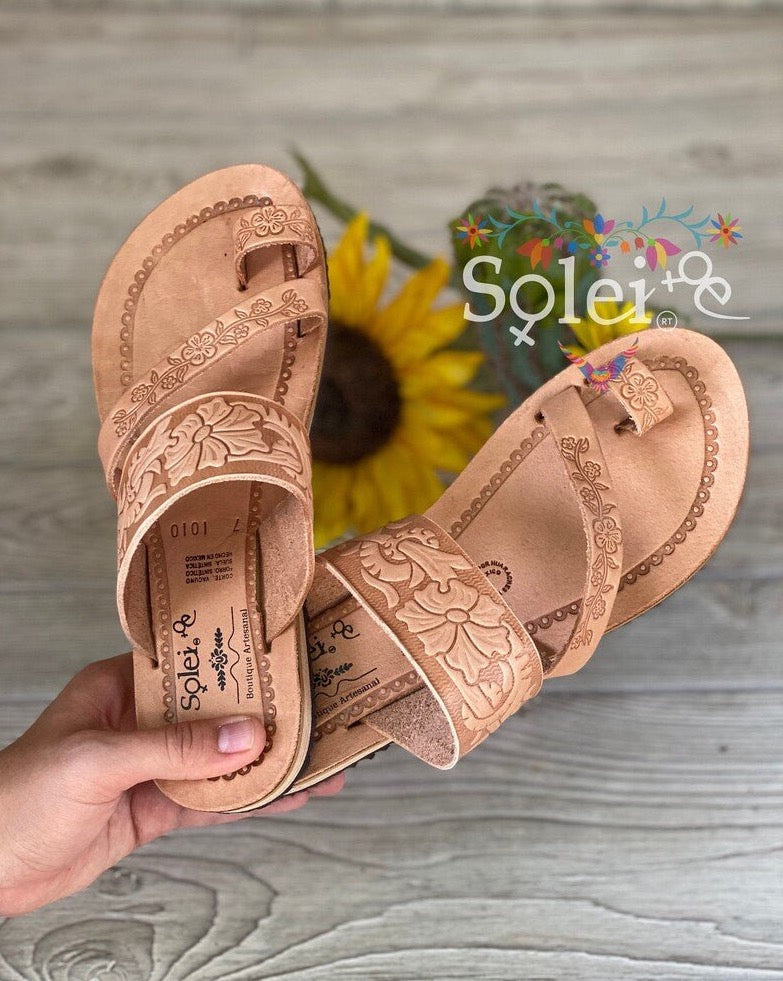 Cross Strap Sandals. Mexican Leather Sandals. Floral Stamped. Chancla Raquel - Solei Store