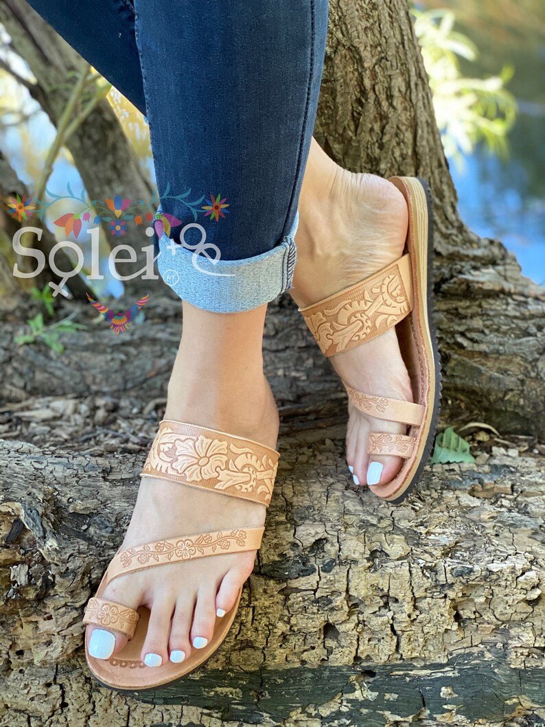 Cross Strap Sandals. Mexican Leather Sandals. Floral Stamped. Chancla Raquel - Solei Store